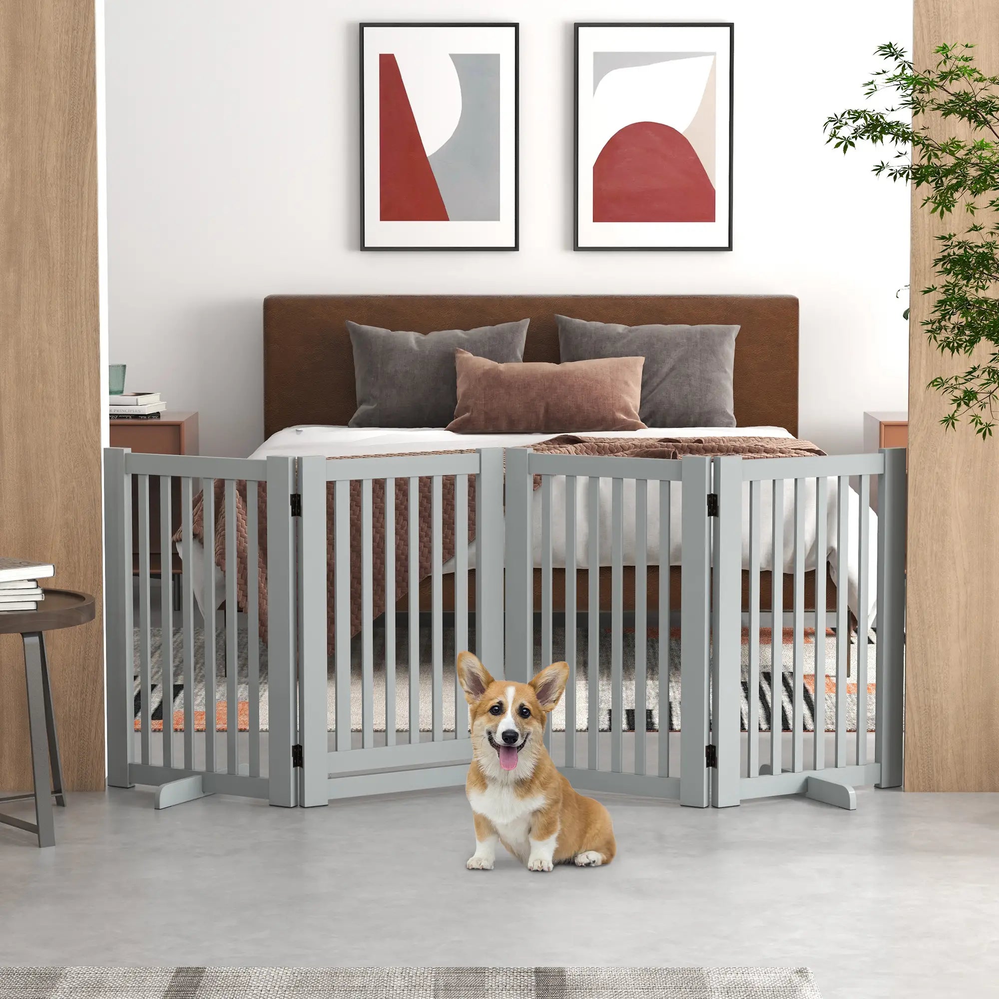 4 Panel Wooden Pet Gate, Free Standing, Open Door, Light Grey Houses, Kennels & Pens at Gallery Canada