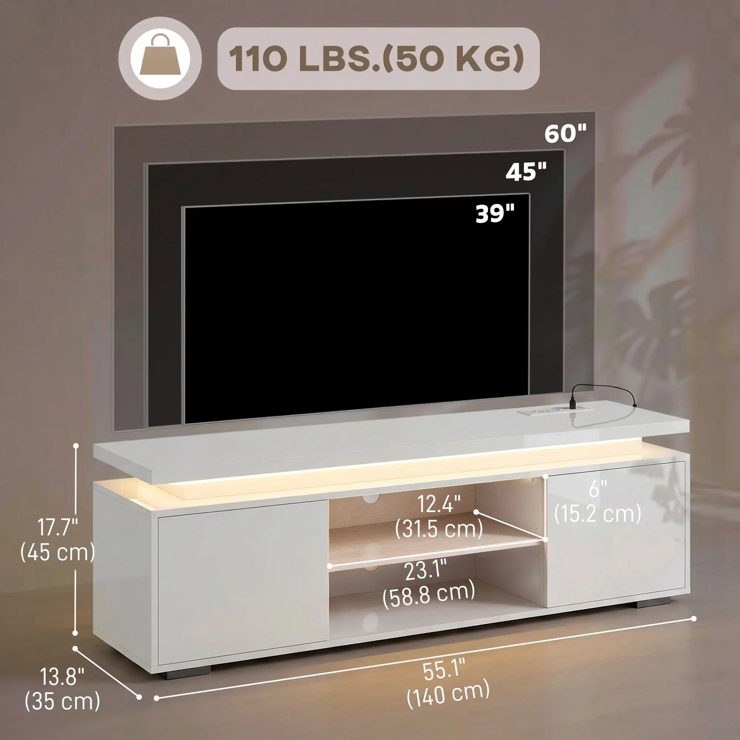 TV Stand For TVs Up To 60 In, Led Lights, Power Outlets, High Gloss White, White TV Stands at Gallery Canada