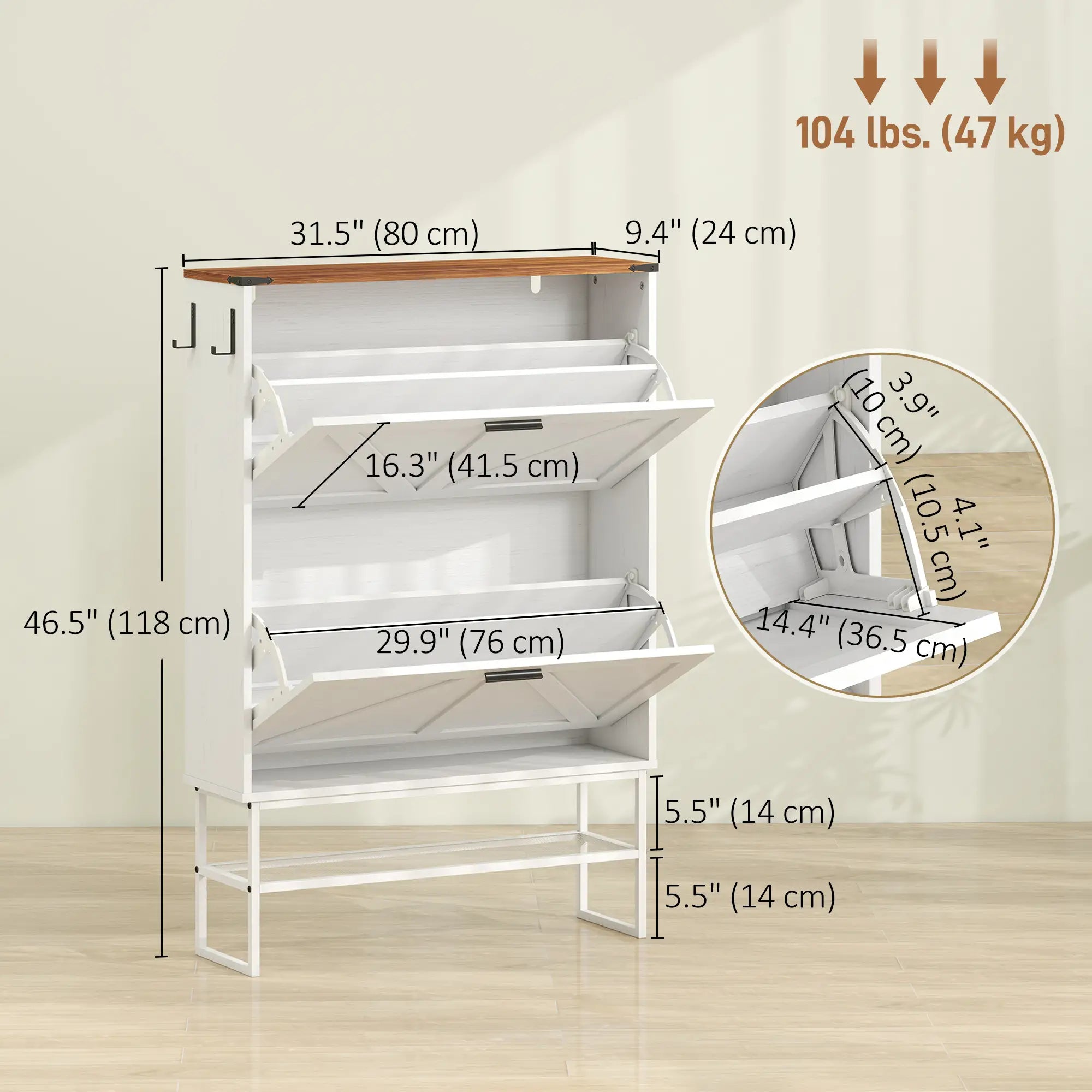 Narrow Shoe Cabinet with 2 Flip Drawers, Slim, White Wood Grain, White Shoe Storage Cabinets & Racks at Gallery Canada