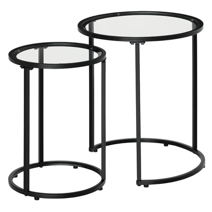 Set of 2 Nesting Coffee Tables, Round Side Table with Tempered Glass Top, Black Side Tables Black, Clear at Gallery Canada