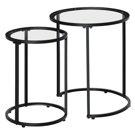 Set of 2 Nesting Coffee Tables, Round Side Table with Tempered Glass Top, Black Side Tables Black, Clear at Gallery Canada