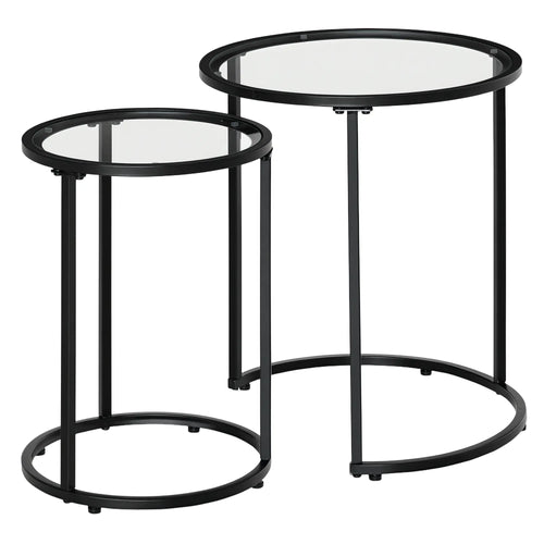 Set of 2 Nesting Coffee Tables, Round Side Table with Tempered Glass Top, Black