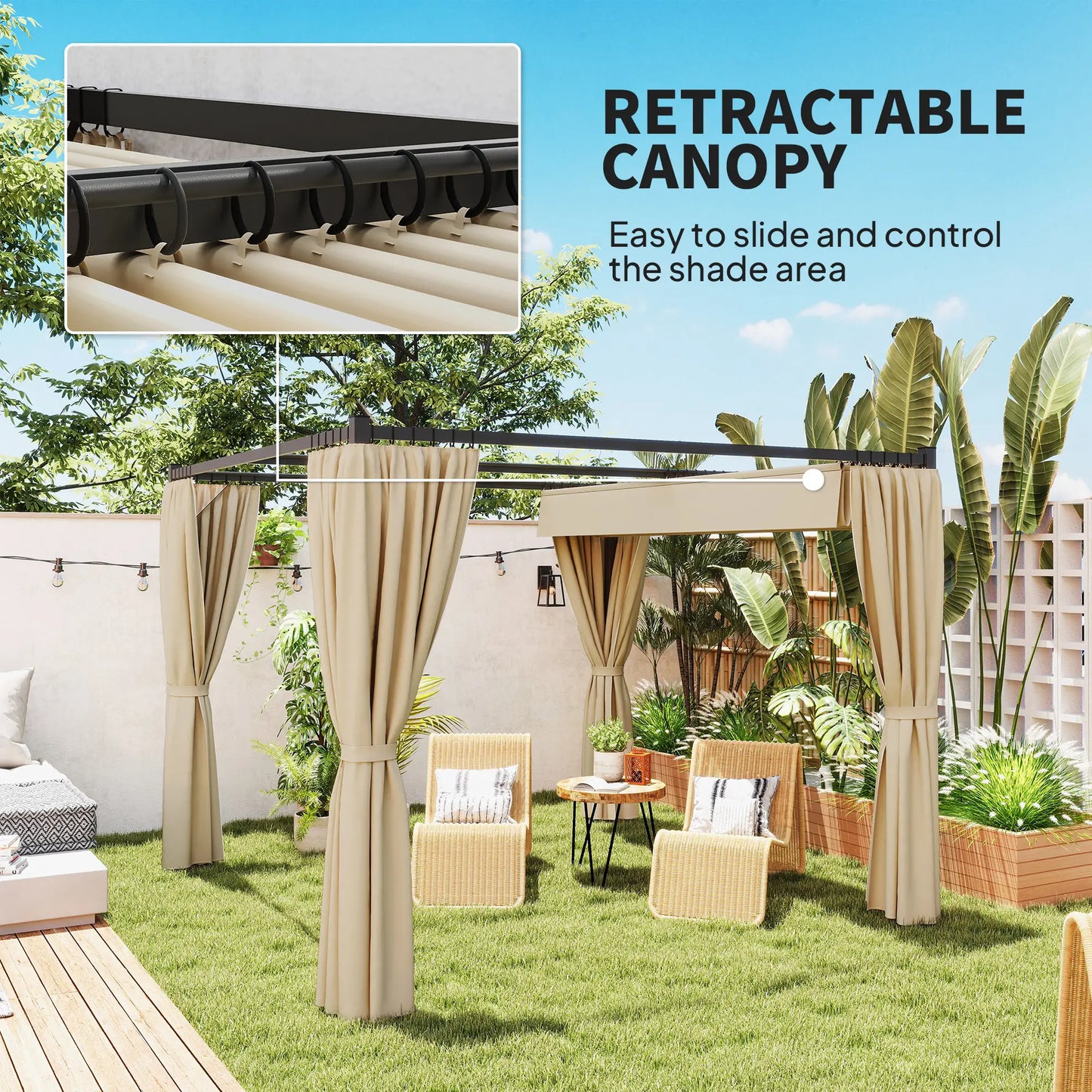 10' x 10' Retractable Pergola, Garden Gazebo with Curtains, Beige Pergolas at Gallery Canada
