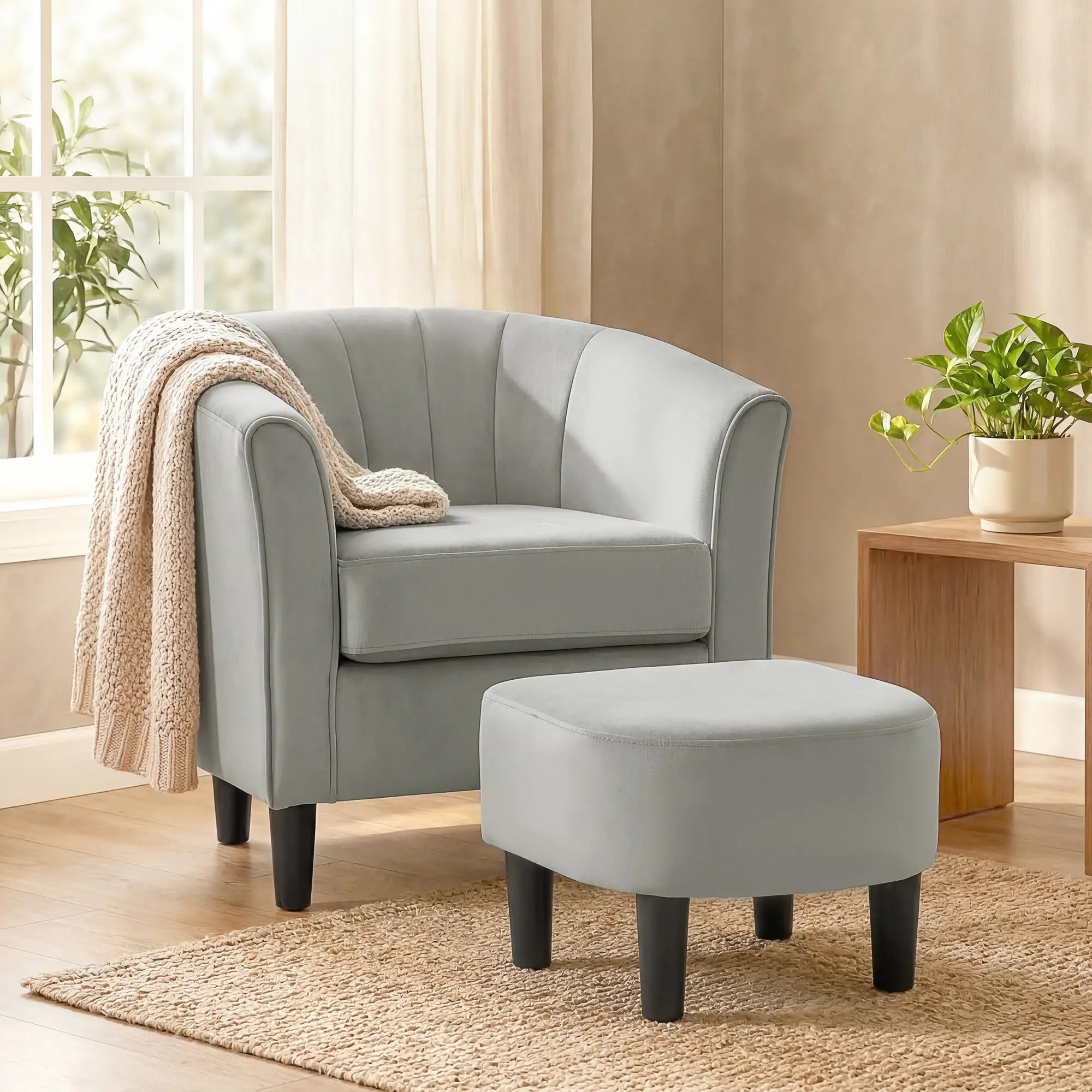 Accent Chair Modern Upholstered Living Room Chair with Ottoman and Pocket Spring Cushion Grey Accent Chairs at Gallery Canada