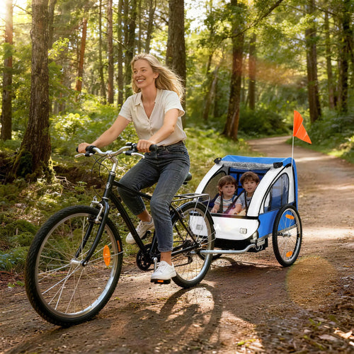Double Bike Trailer, Kids Toddler, 80lbs Load, Steel Frame, Blue