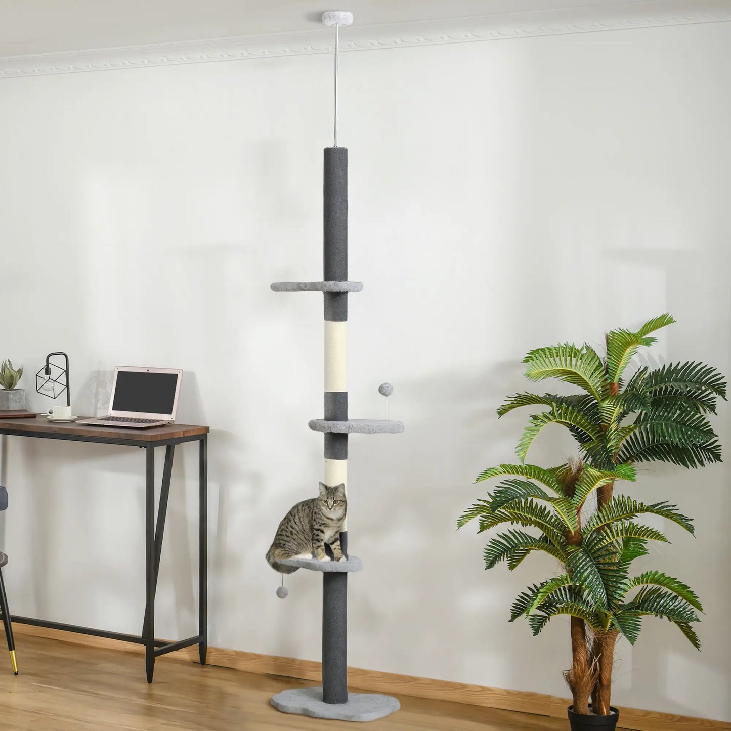 88.5"-100.5" Floor to Ceiling Cat Tree, Scratching Posts, Cloud Platforms, Dangling Balls, Grey Floor to Ceiling Cat Trees at Gallery Canada
