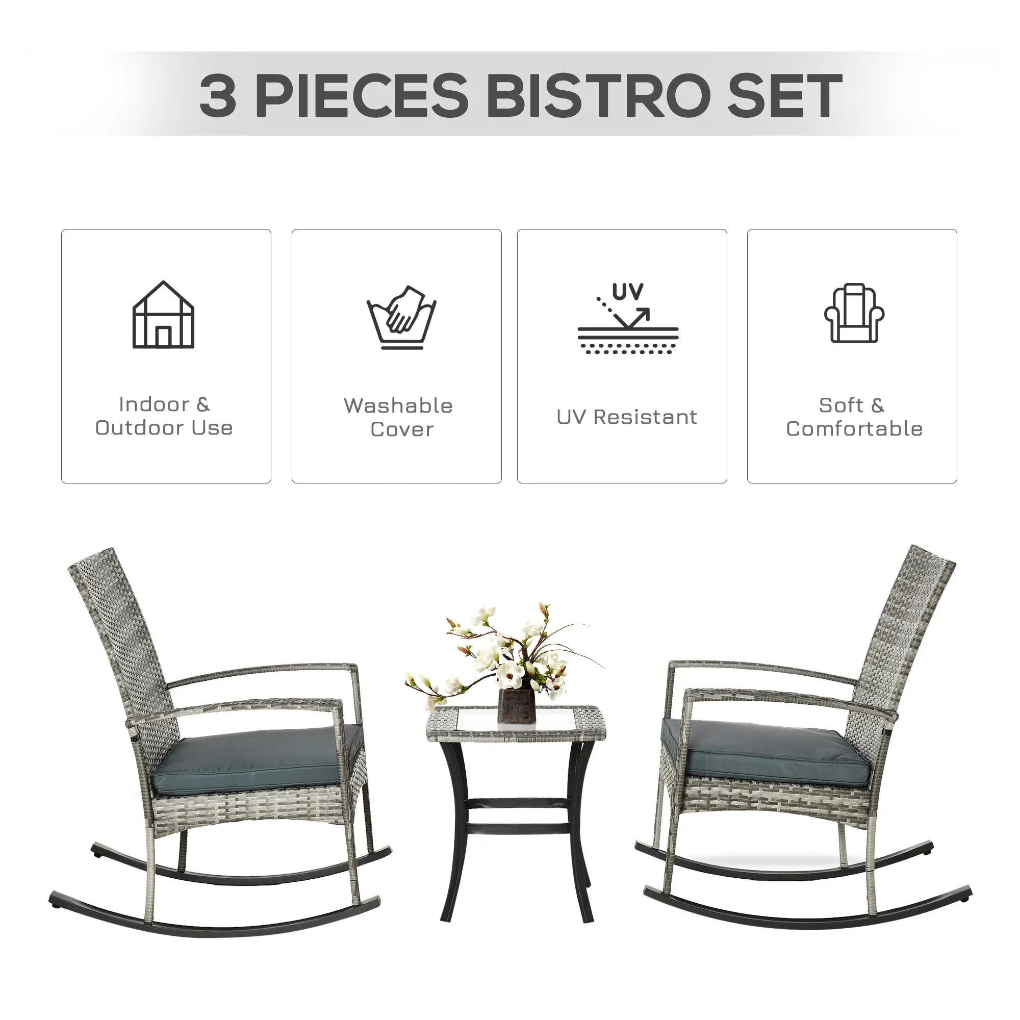 3-Piece Patio Wicker Rocking Chair Set, Outdoor PE Rattan, 2 Chairs 1 Table, Grey Outdoor Rocking Chairs at Gallery Canada
