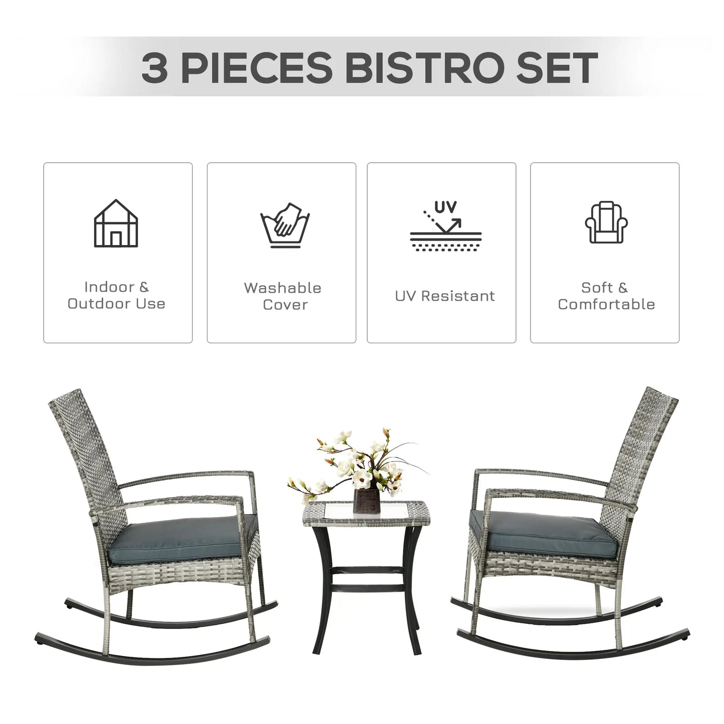 3-Piece Patio Wicker Rocking Chair Set, Outdoor PE Rattan, 2 Chairs 1 Table, Grey Outdoor Rocking Chairs at Gallery Canada