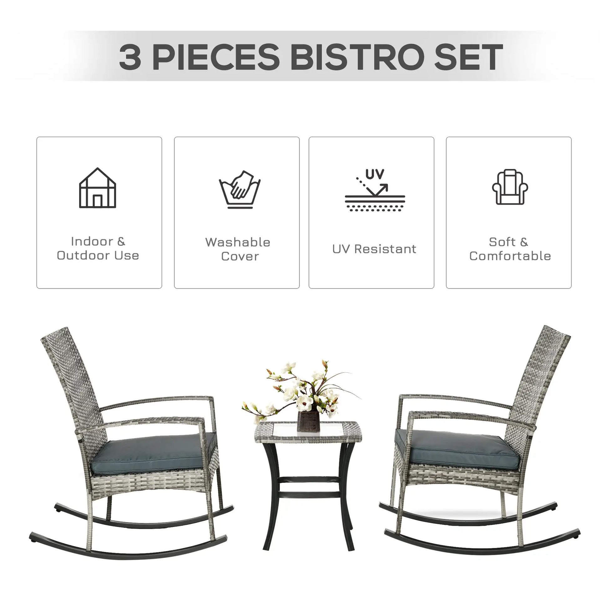 3-Piece Patio Wicker Rocking Chair Set, Outdoor PE Rattan, 2 Chairs 1 Table, Grey Outdoor Rocking Chairs at Gallery Canada