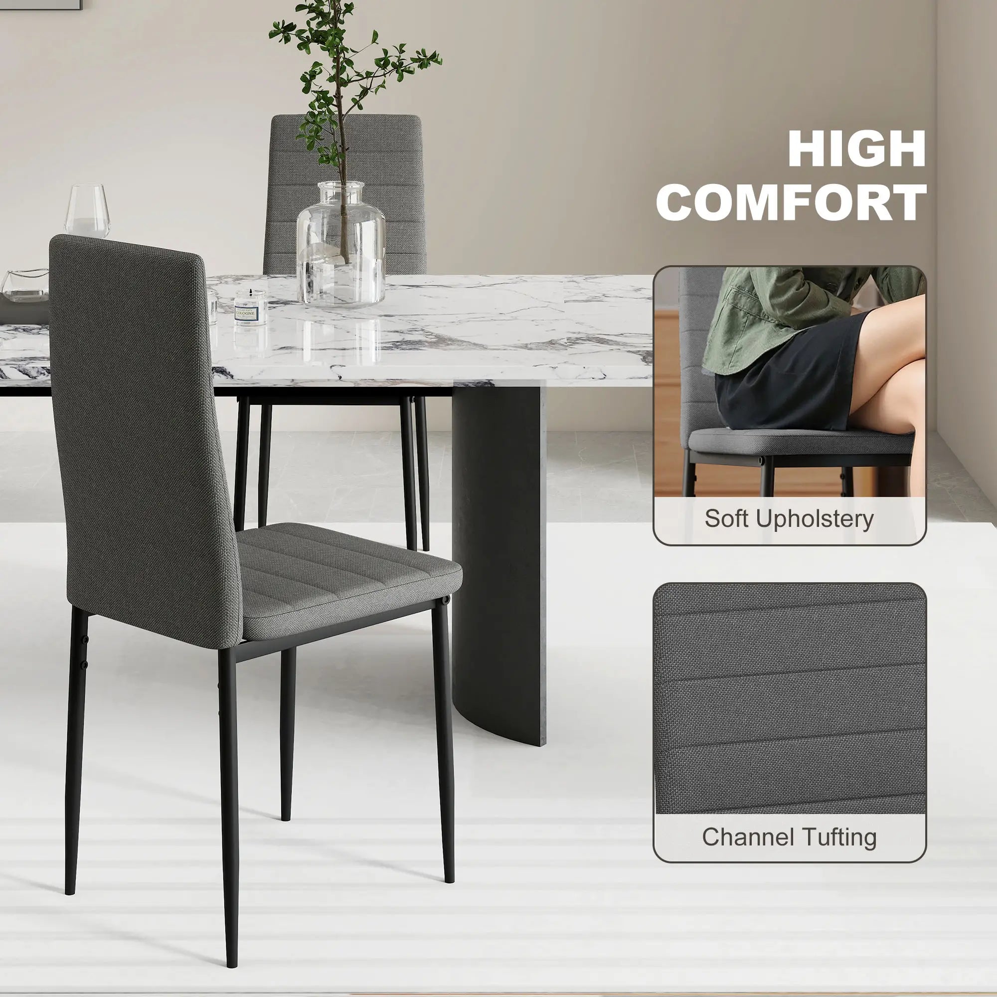 Modern Dining Chairs, Set of 6, High Back Linen Fabric, Grey Dining Chairs at Gallery Canada