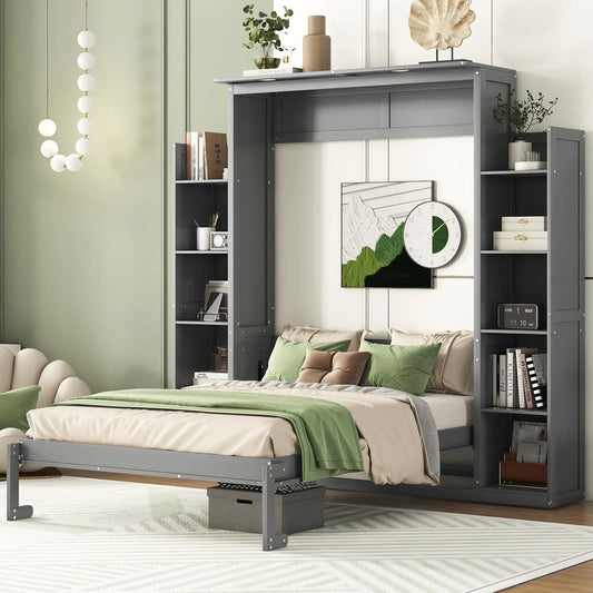Murphy Bed with Shelves, LED Lights, Space-Saving Wall Bed, 91" L x 81" W x 84" H, Grey Bed Frames Grey at Gallery Canada