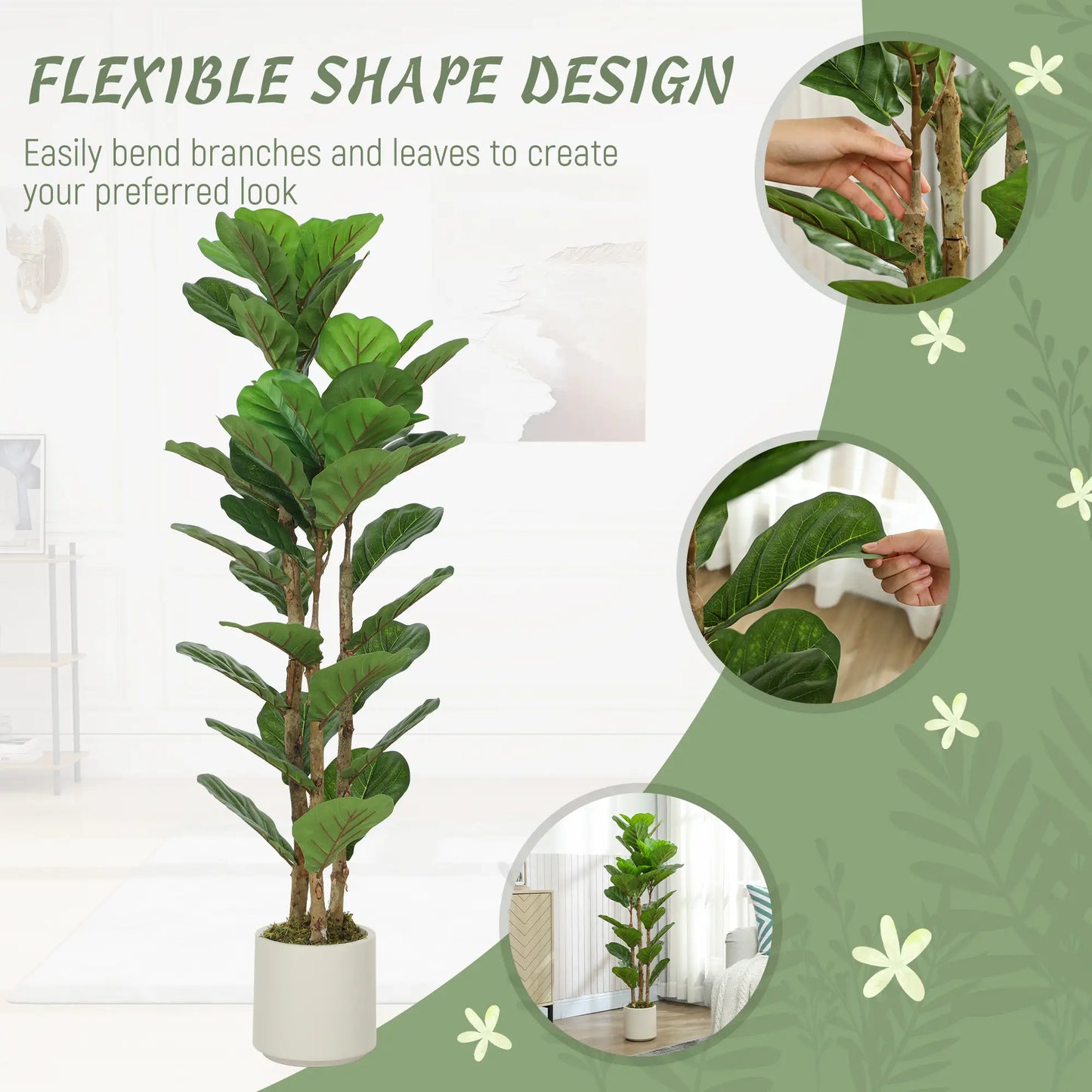 4FT Artificial Fiddle Leaf Fig Tree Set Of 2, Fake Potted Tree With Solid Wood Trunks, Green Artificial Trees at Gallery Canada
