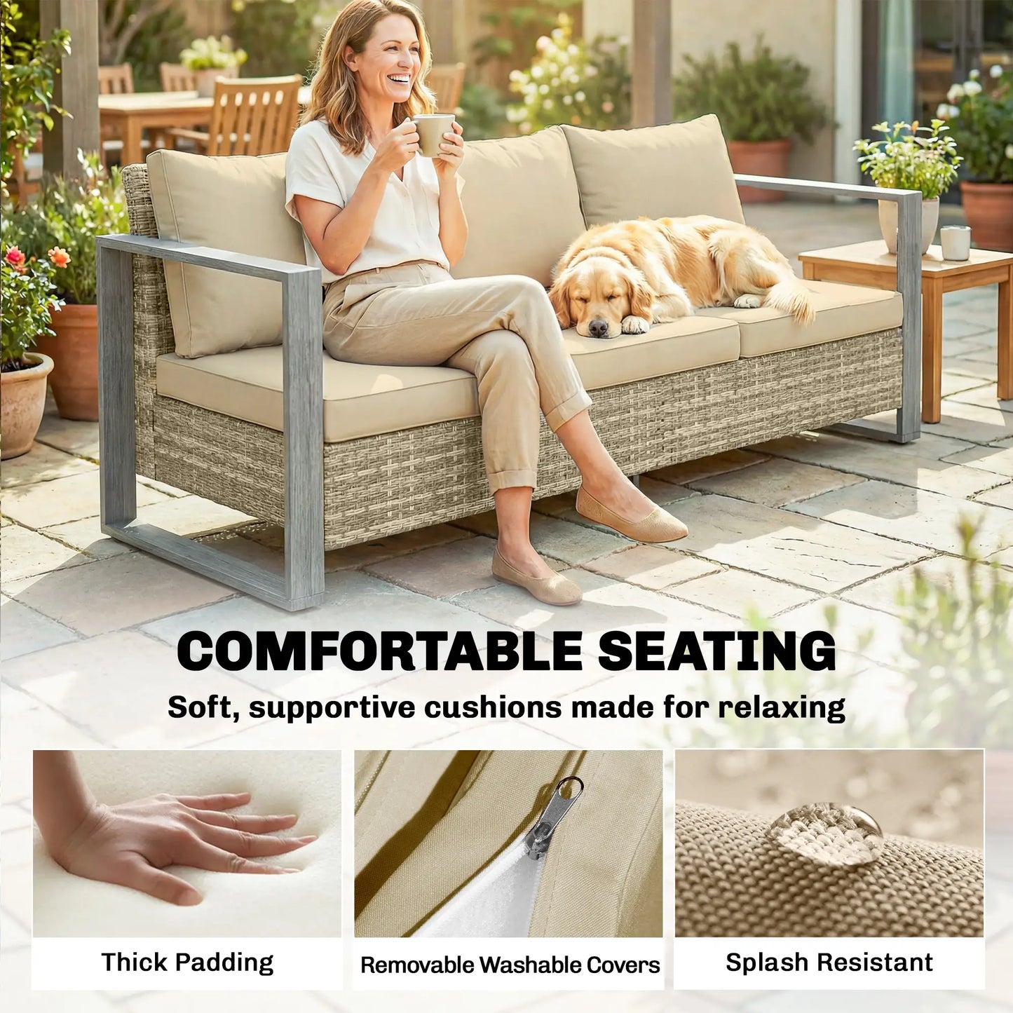 3-Seater Outdoor Couch, PE Wicker Patio Sofa, Khaki Patio Furniture Sets at Gallery Canada