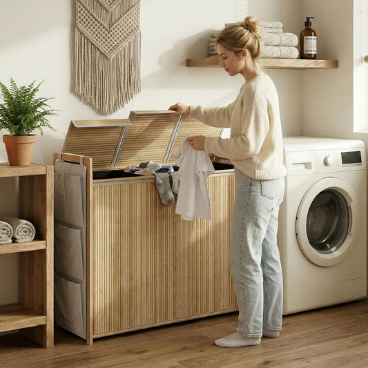 Bamboo Laundry Hamper with Removable Drawstring Bag and Side Storage Pockets, 47 Gal, Natural Bath Accessories Natural at Gallery Canada