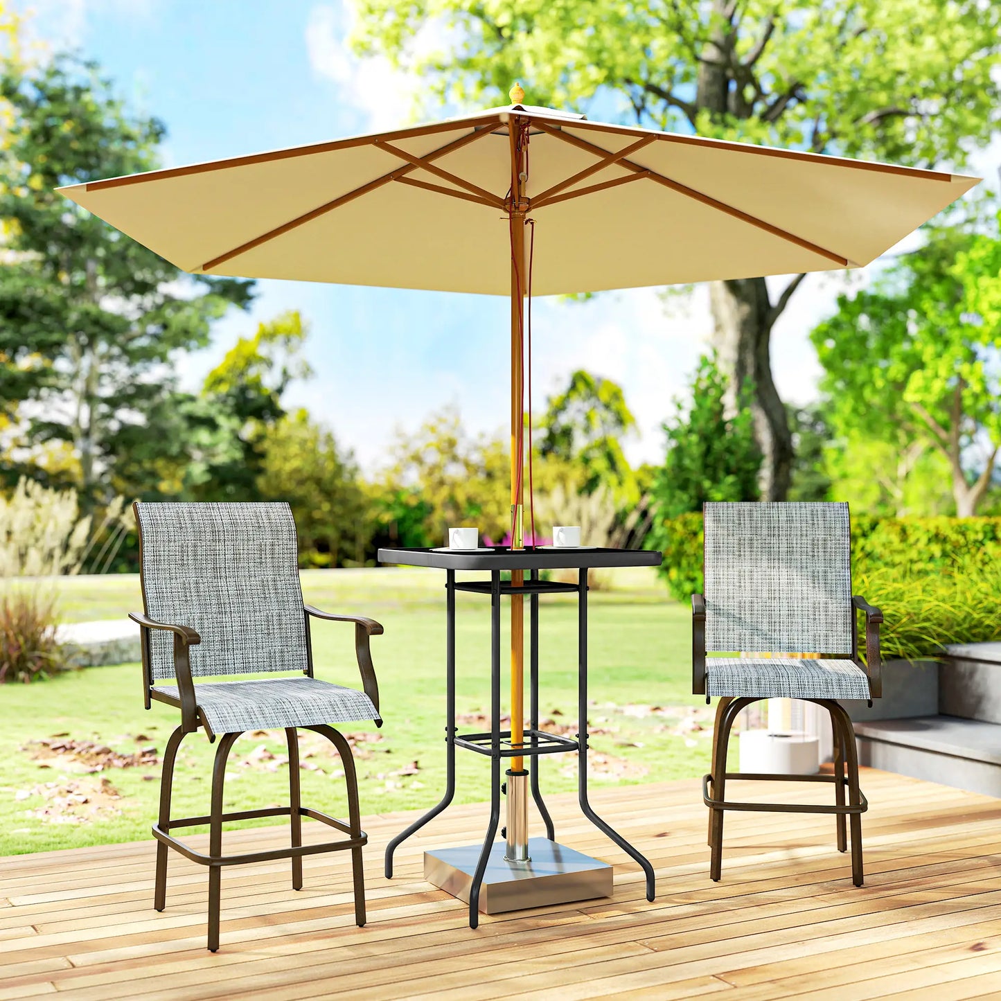 Outdoor Bar Table With Umbrella Hole, 41.3" Glass Top, Black Patio Dining Tables at Gallery Canada