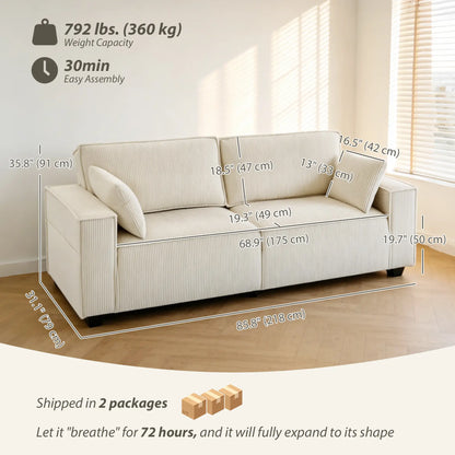 86" 3 Seater Sofa, Modern Corduroy Upholstered Couch, Beige 3-Seater Sofas at Gallery Canada
