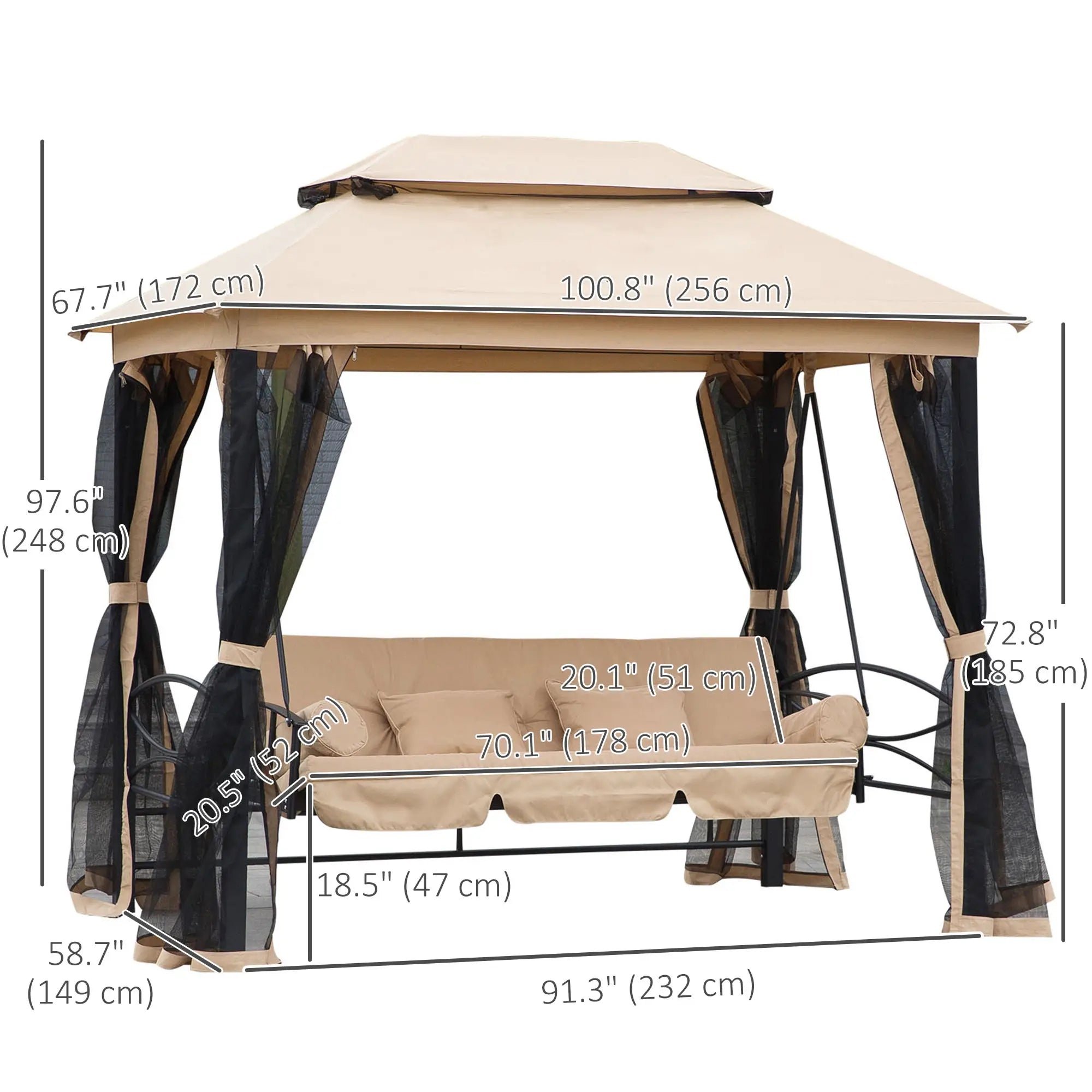 3 Person Outdoor Daybed, Canopy Gazebo Swing Chair, Mesh Mosquito Net, Sun Shade, Beige Porch Swings with Canopy at Gallery Canada