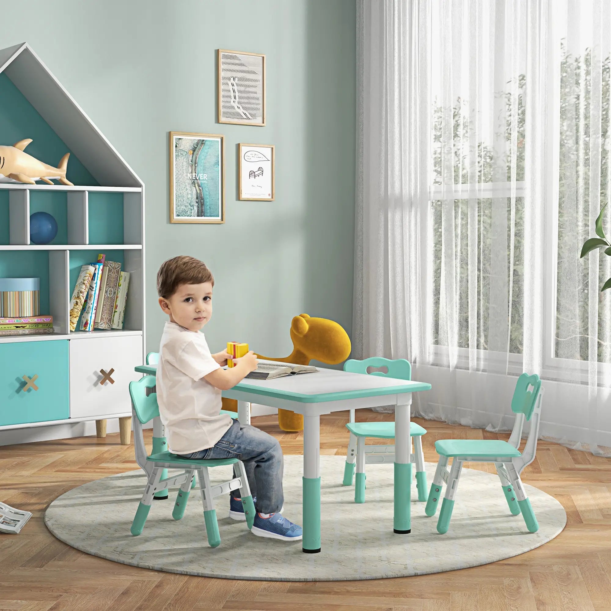 Kids Table and Chair Set, 4 Chairs, Adjustable Height, 1.5 - 5 Years, Green Kids Table Sets at Gallery Canada