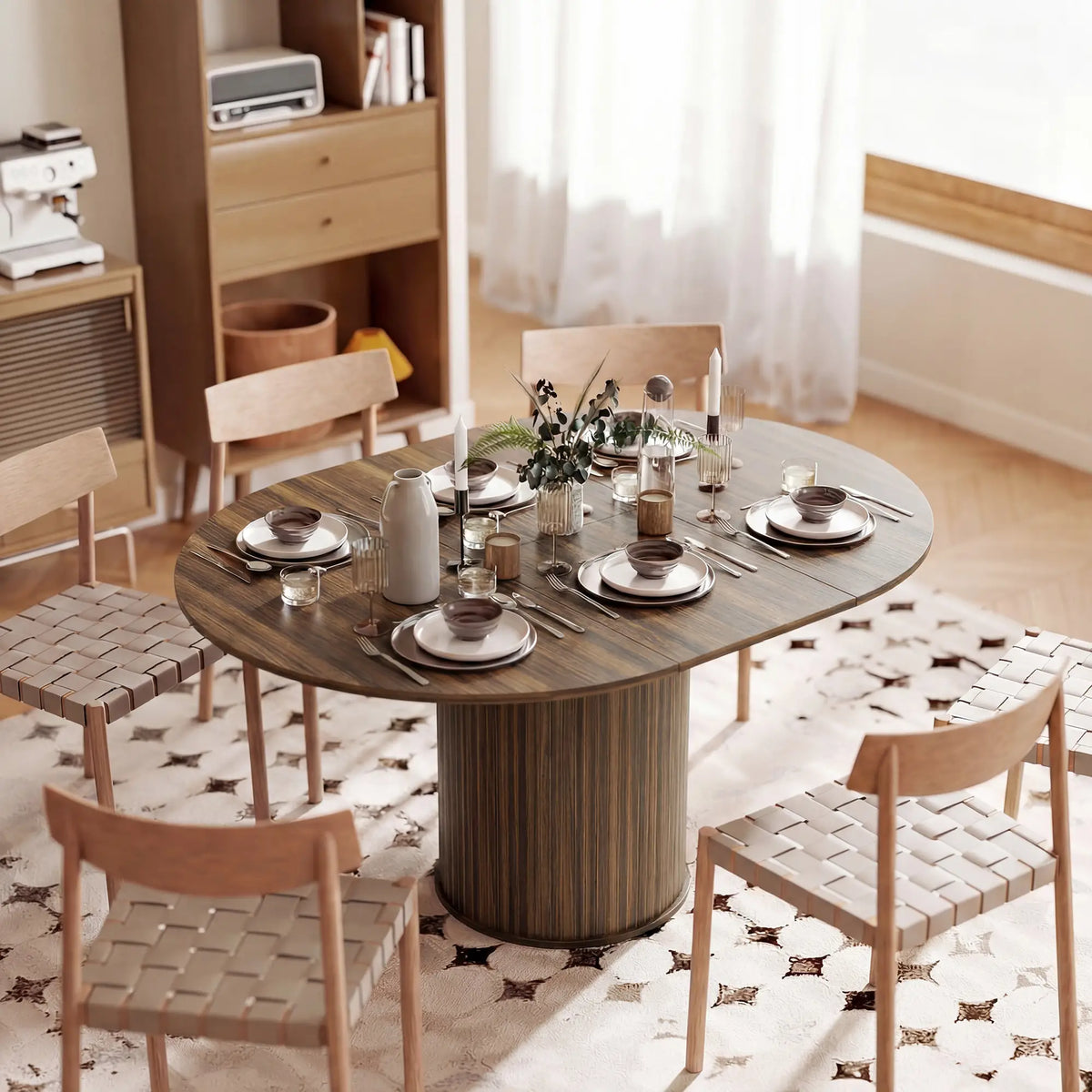 Extendable Kitchen Table, 43.5"-59", Walnut Wood Grain, Pedestal Base Dining Tables at Gallery Canada