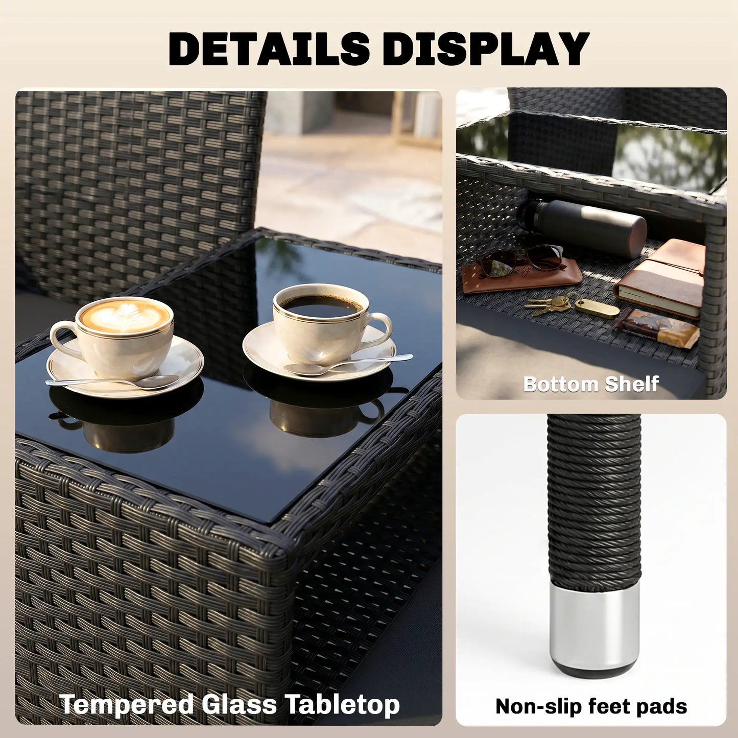 PE Rattan Loveseat with Cushion, Mid-Table, Black Patio Chairs at Gallery Canada