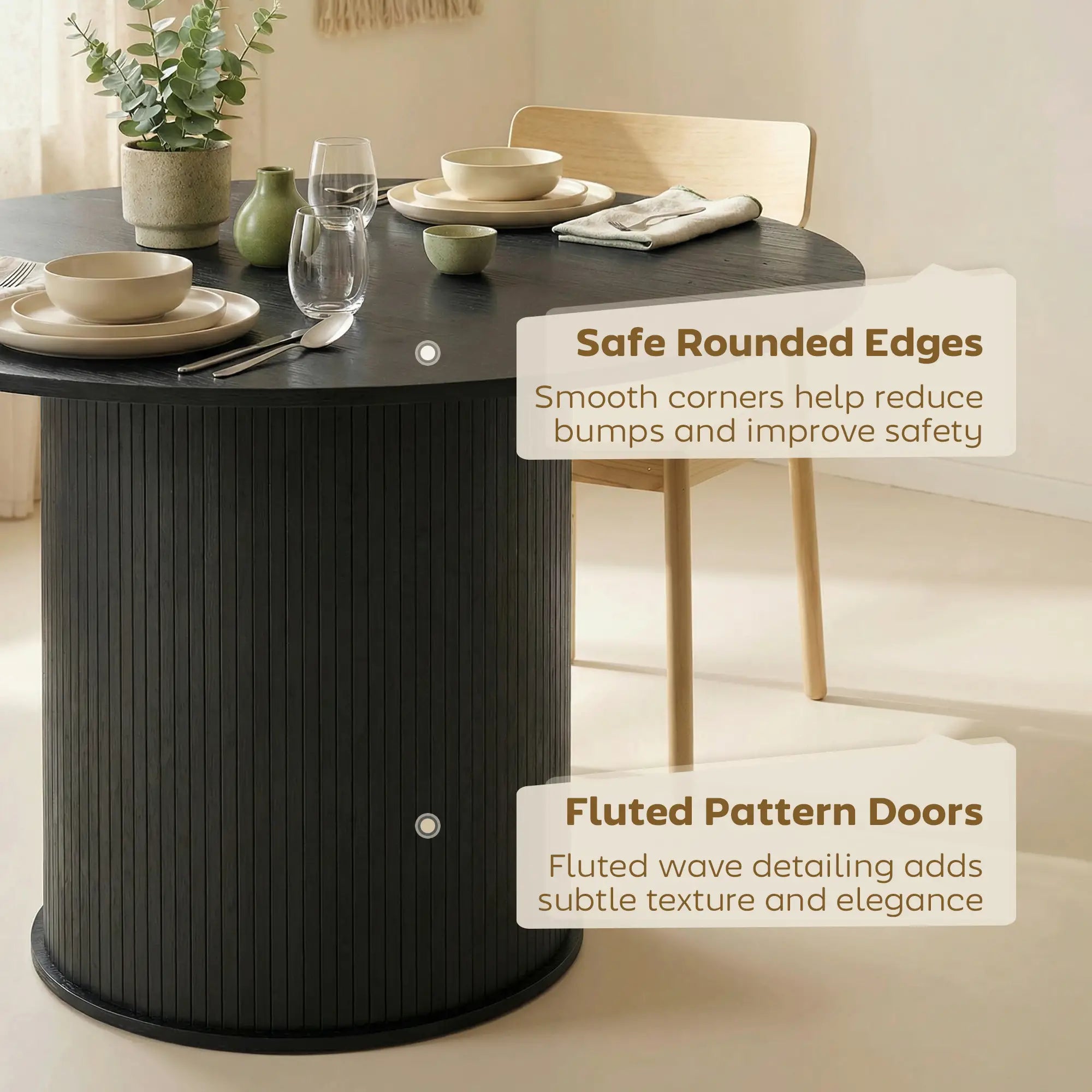 47 Inch Round Dining Table For 5, Fluted Pedestal Base, Black Dining Tables at Gallery Canada