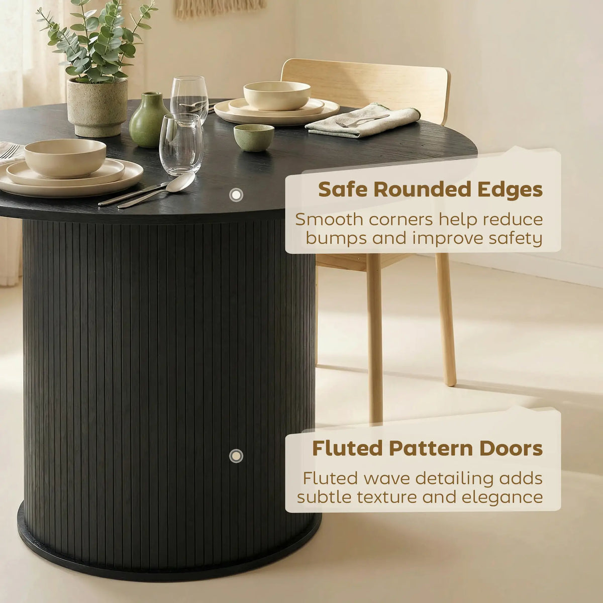 47 Inch Round Dining Table For 5, Fluted Pedestal Base, Black Dining Tables at Gallery Canada