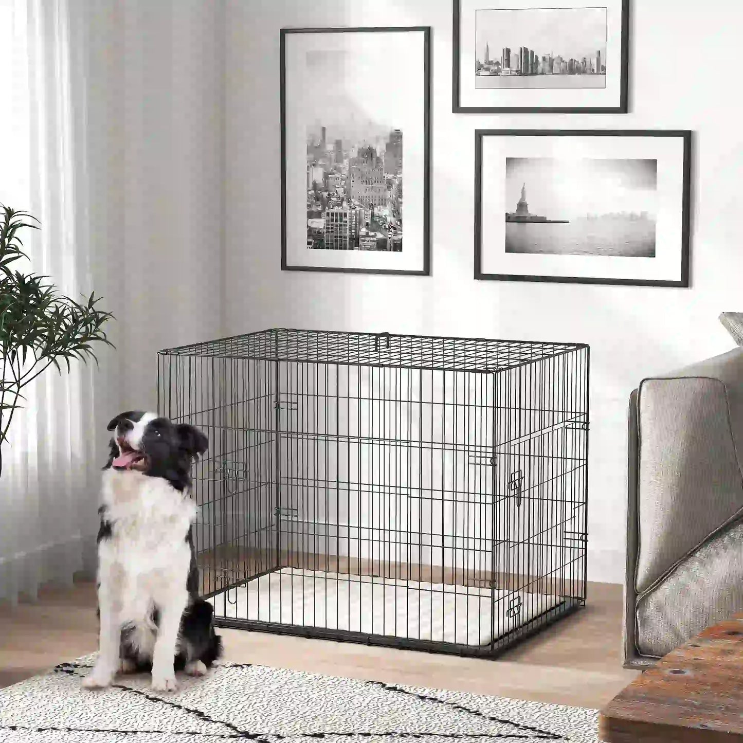 35" Dog Crate, Folding Metal Cage, Removable Tray, Cushion, Black Dog Cages & Crates at Gallery Canada