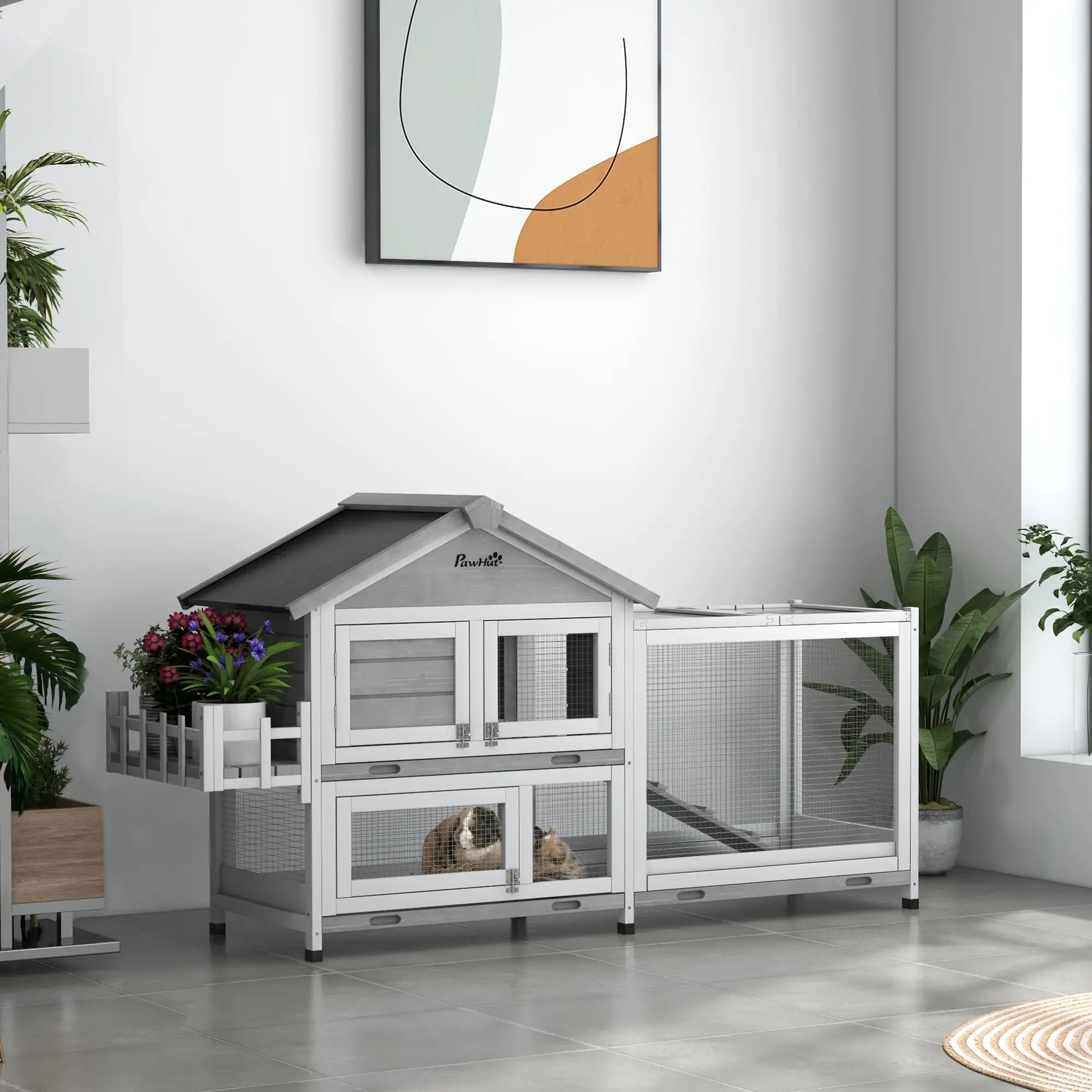 65" Wooden Rabbit Hutch, Pet Playpen with Roof, Storage Box, Grey Rabbit Hutch at Gallery Canada