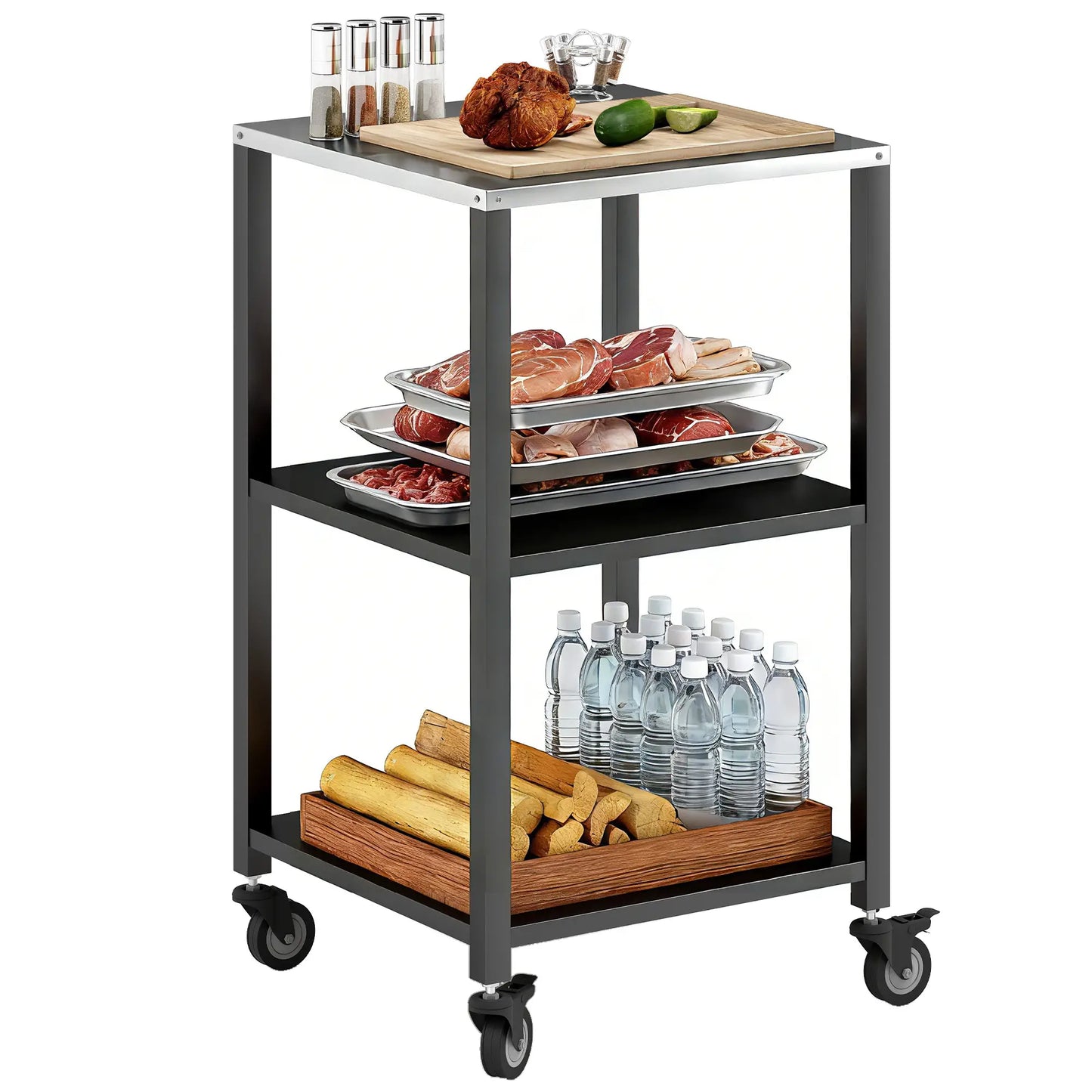 Outdoor Grill Cart, Pizza Oven Stand, 3-Tier Rolling Kitchen Prep Station, Black Outdoor Grill Carts at Gallery Canada