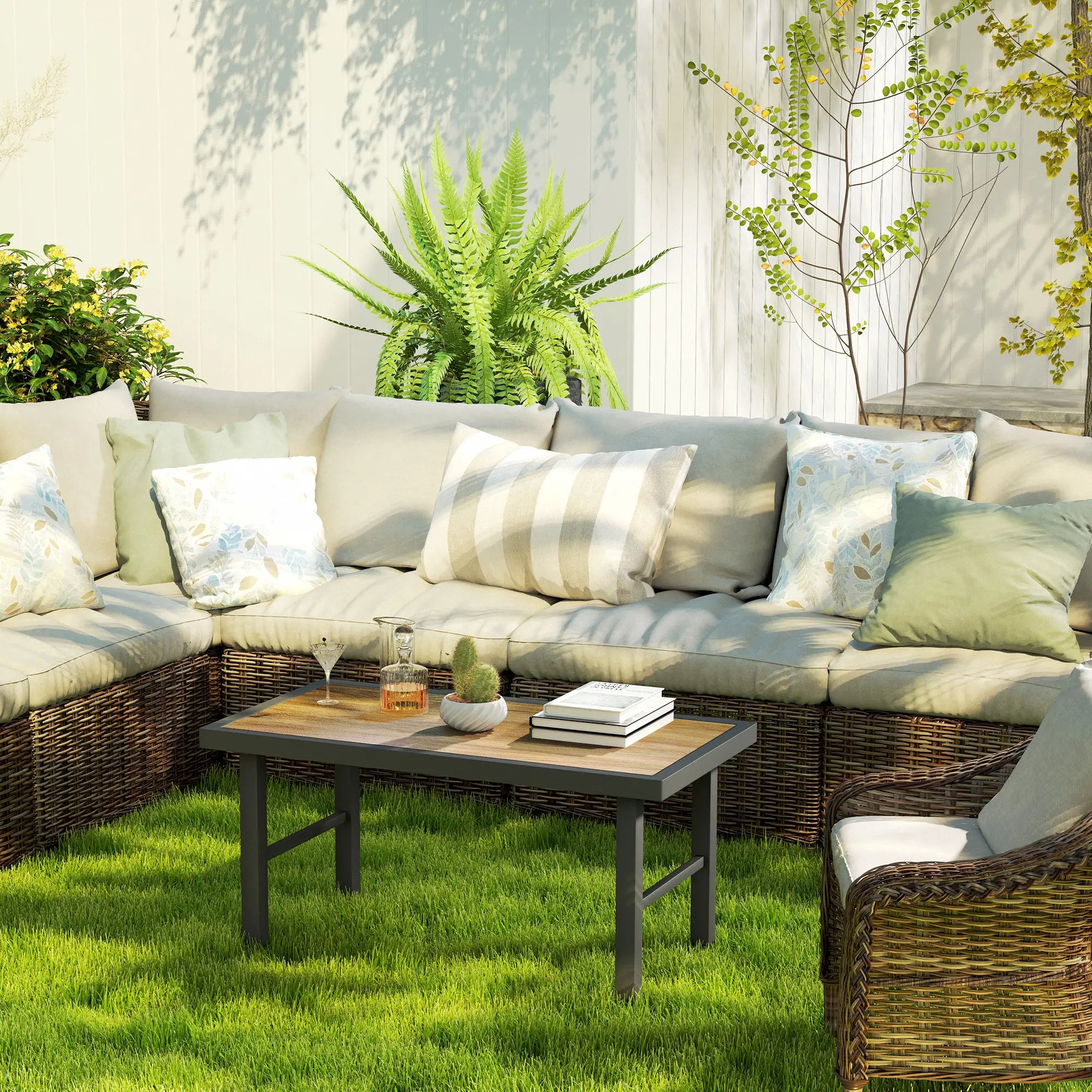 Outdoor Side Table, SPC Woodgrain Tabletop, Metal Patio Coffee Table, Brown Patio Side Tables at Gallery Canada