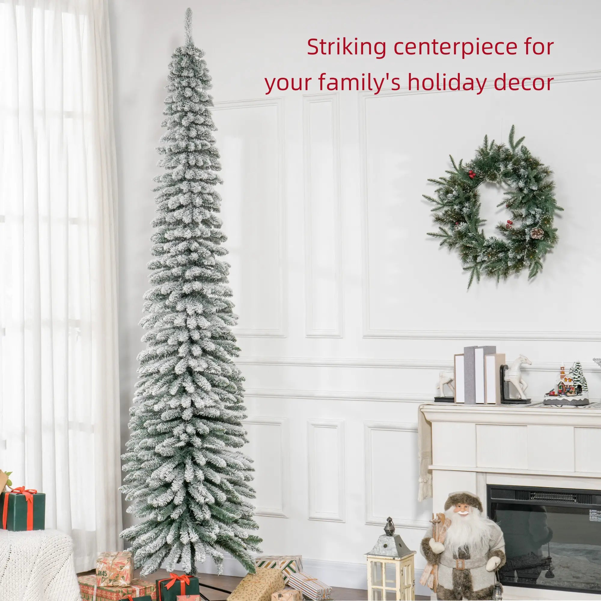 9ft Snow-Flocked Artificial Christmas Tree, Slim Pencil, Metal Base, Green Flocked Christmas Trees at Gallery Canada