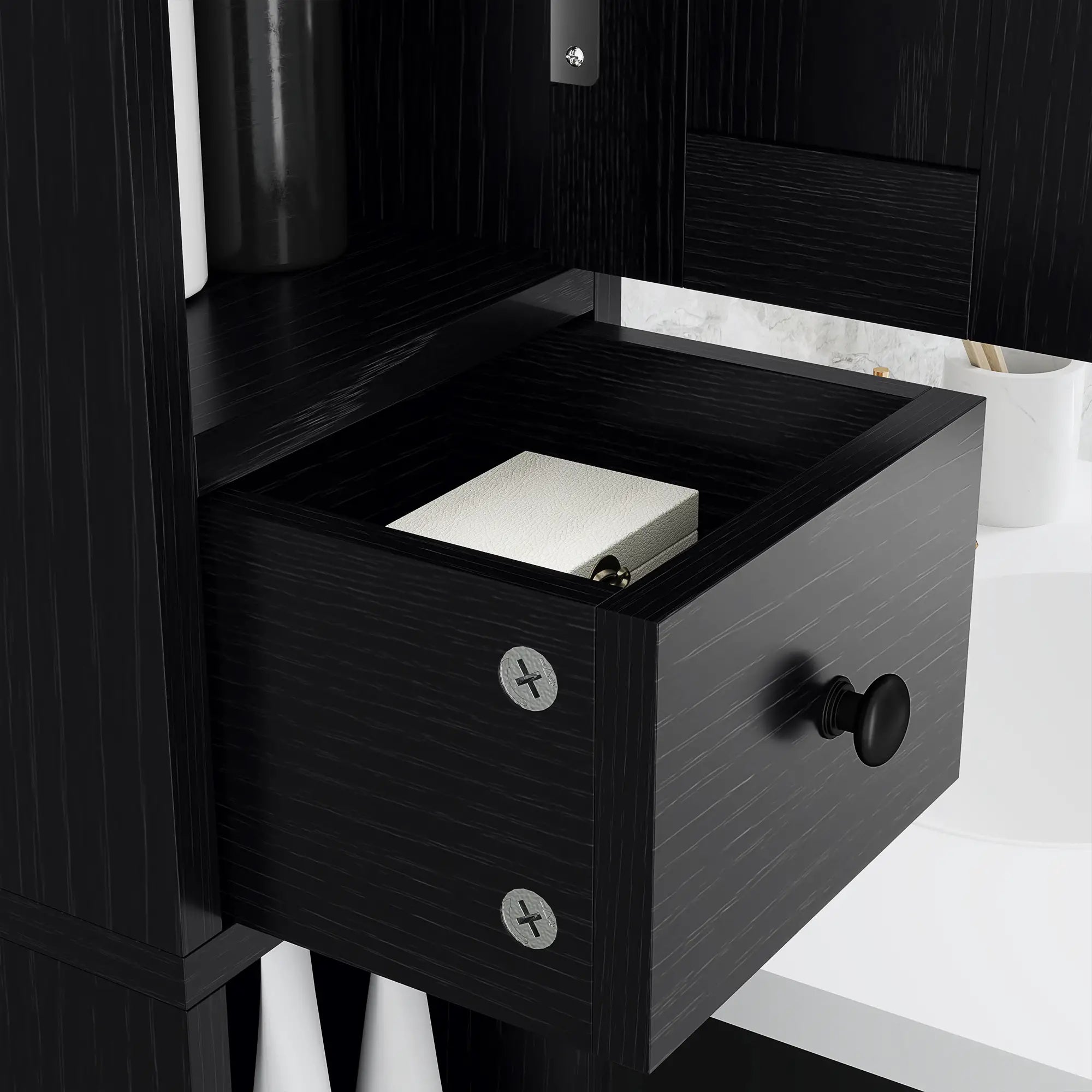 Narrow Bathroom Cabinet, Tall Storage with Barn Doors, Wood Grain, Black Bathroom Cabinets at Gallery Canada