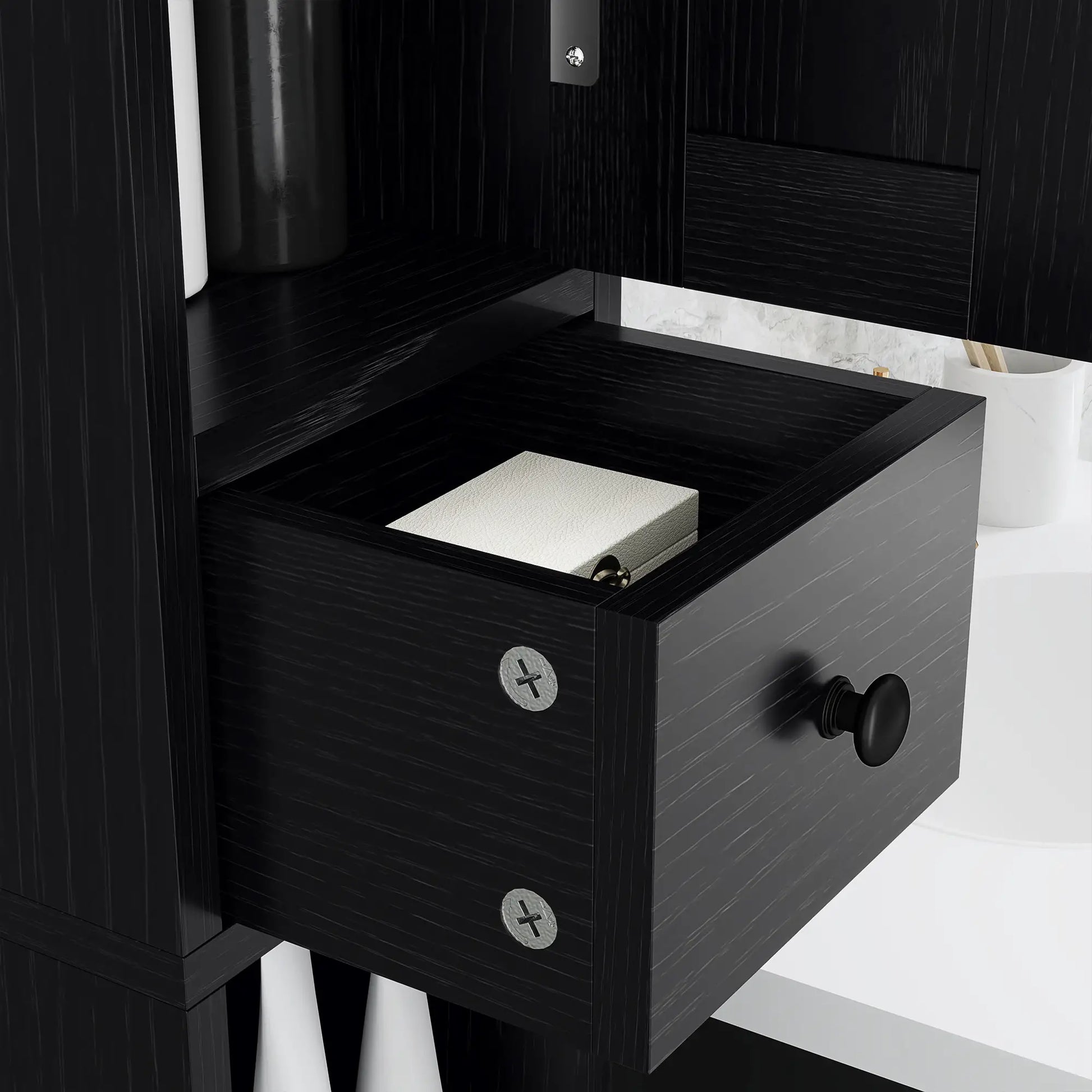Narrow Bathroom Cabinet, Tall Storage with Barn Doors, Wood Grain, Black Bathroom Cabinets at Gallery Canada