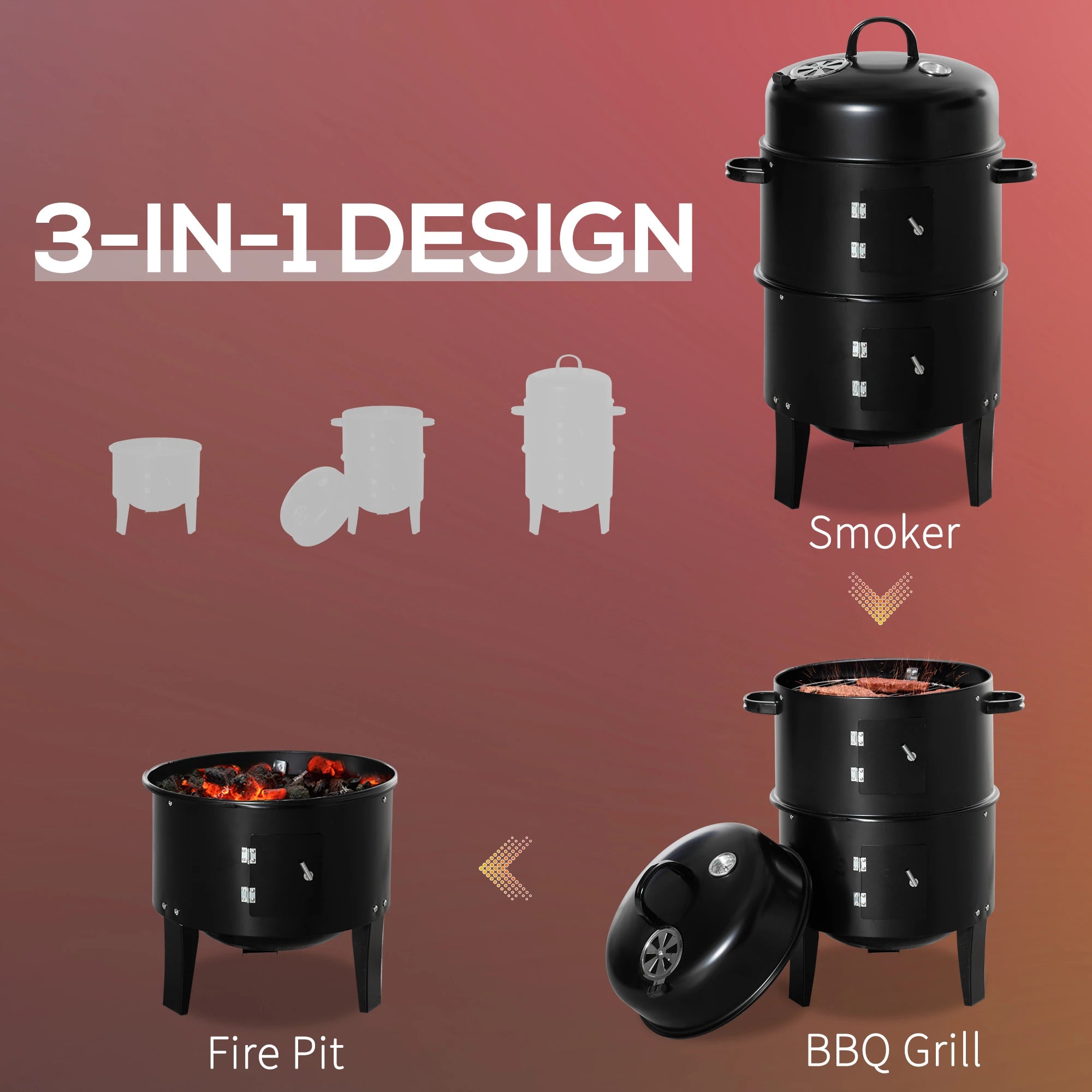 3-In-1 Vertical Charcoal BBQ Smoker, 16