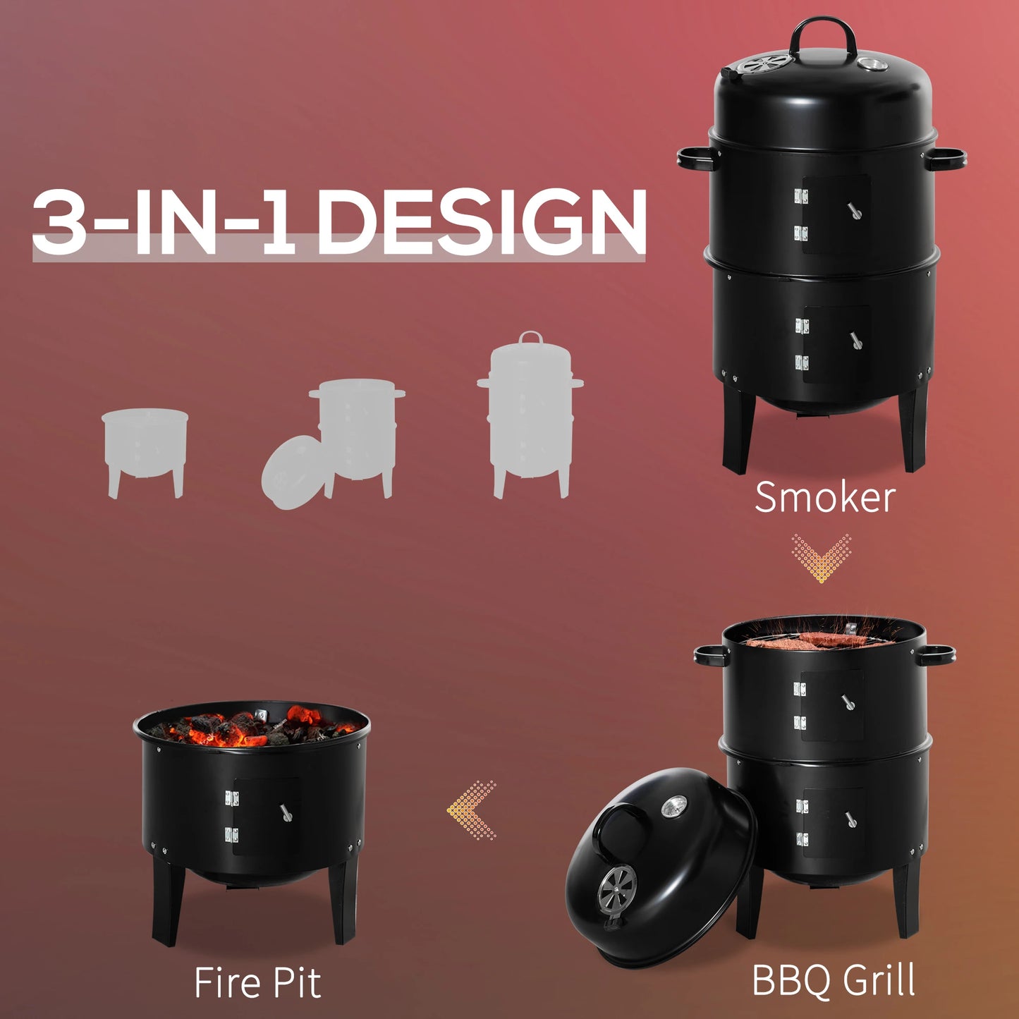 3-In-1 Vertical Charcoal BBQ Smoker, 16" Round Grill With Thermometer, Black Charcoal BBQ Grils at Gallery Canada
