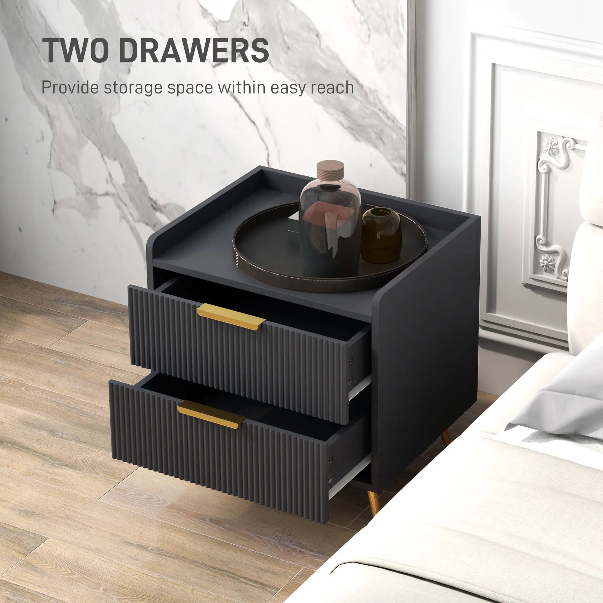 Black Bedside Table, Nightstand with 2 Drawers, Metal Legs, Black Bedside Tables at Gallery Canada