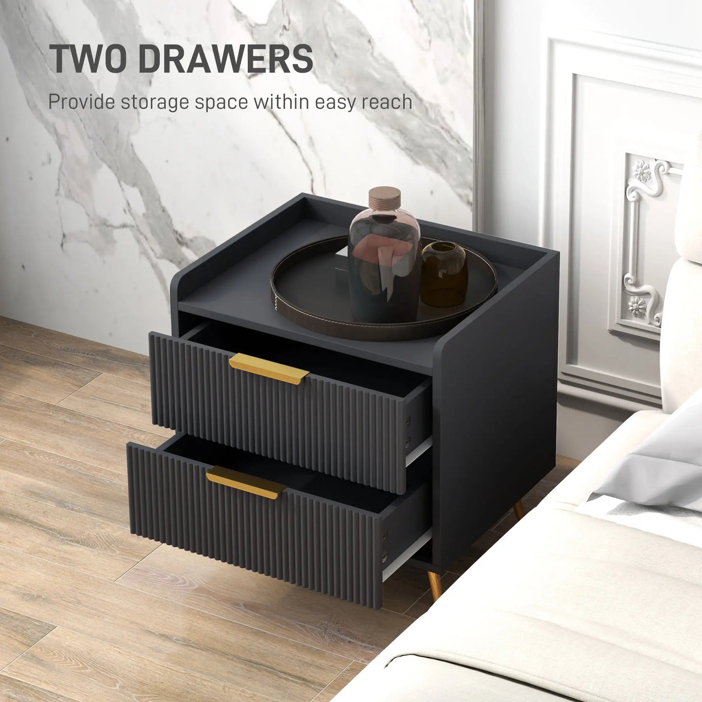 Black Bedside Table, Nightstand with 2 Drawers, Metal Legs, Black Bedside Tables at Gallery Canada
