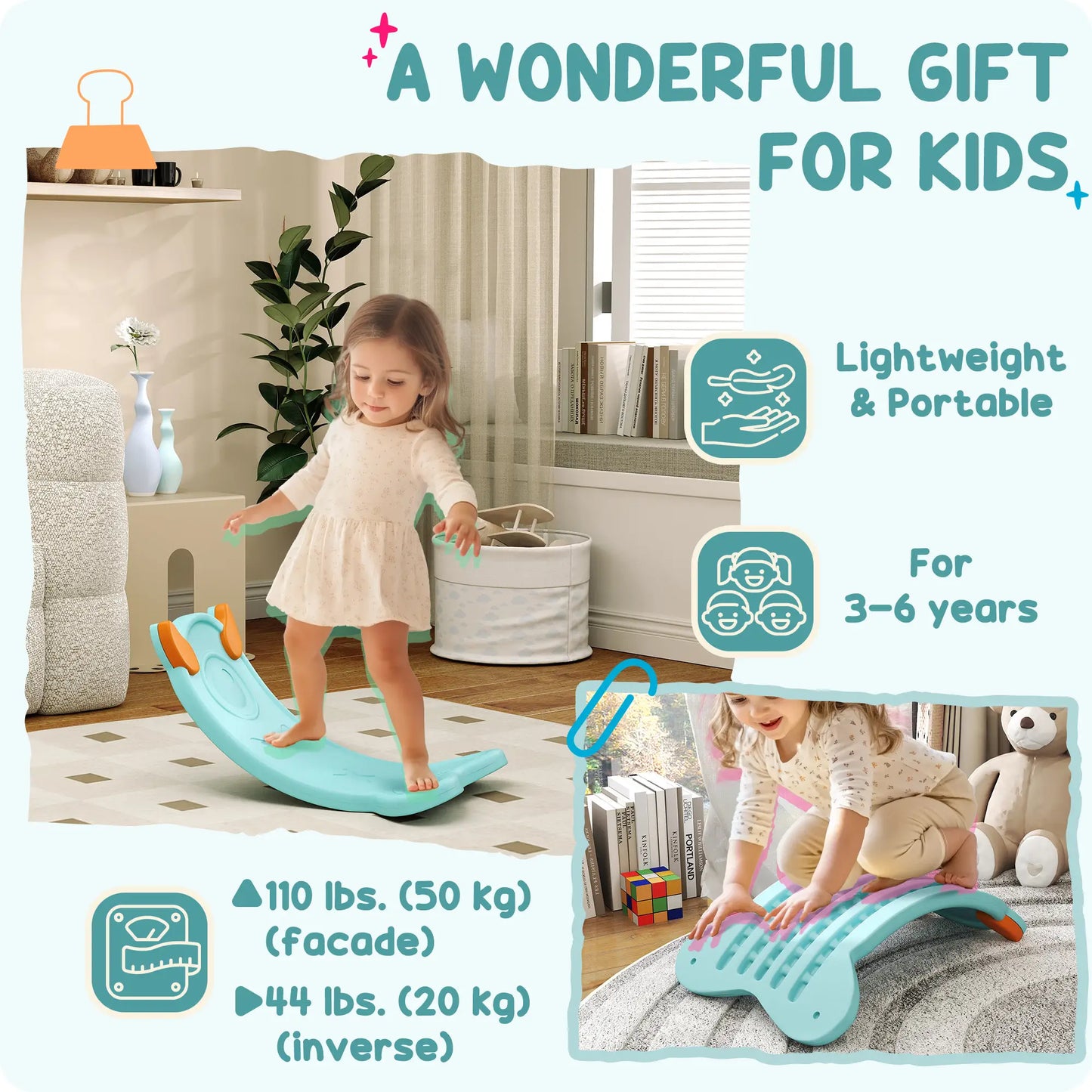 24.4" Kids Balance Board, Wobble Board Toddler Curved Rocker, Light Blue