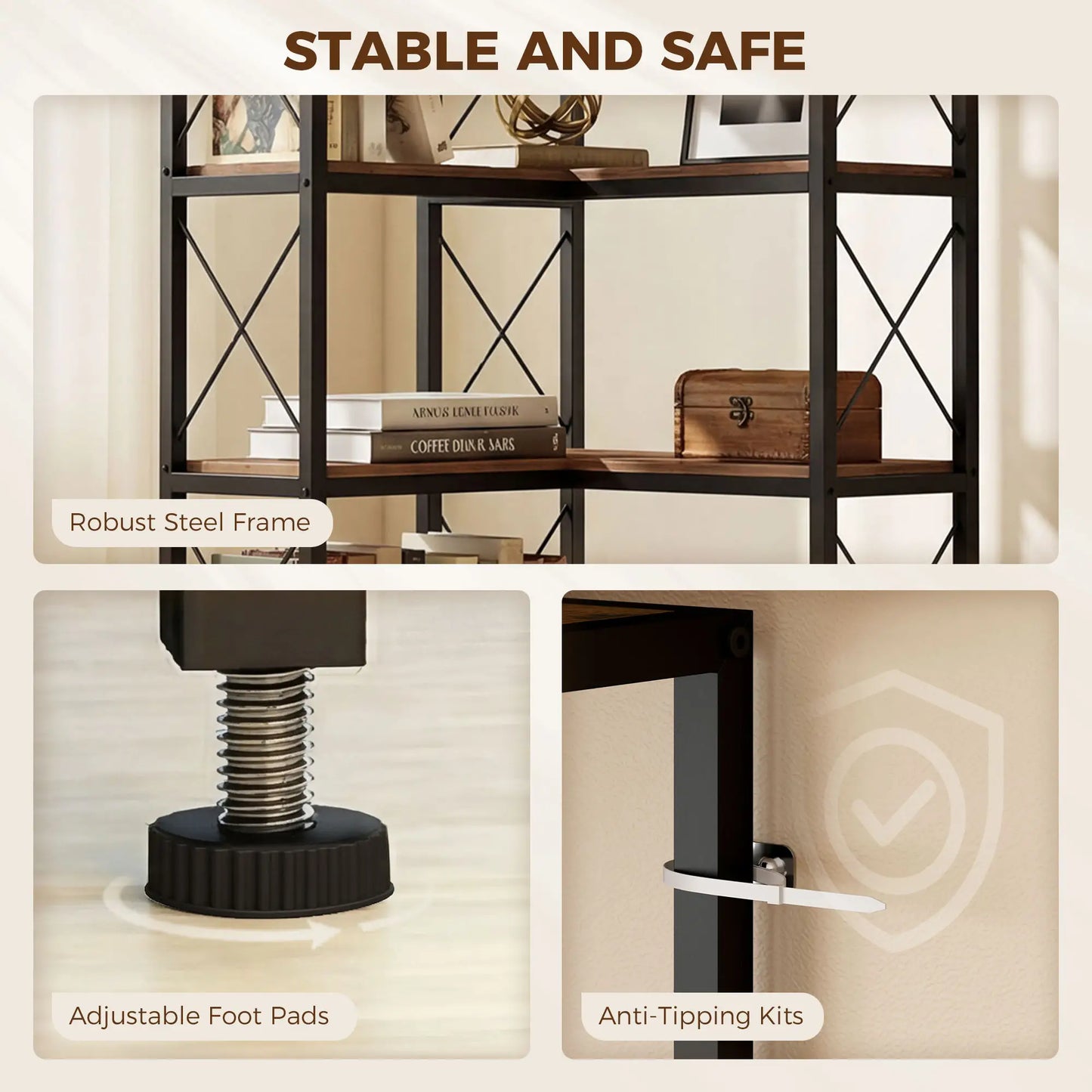 6-Tier L-Shaped Bookshelf, Freestanding Corner Bookcase with Metal Frame, Rustic Brown Display Bookshelves at Gallery Canada