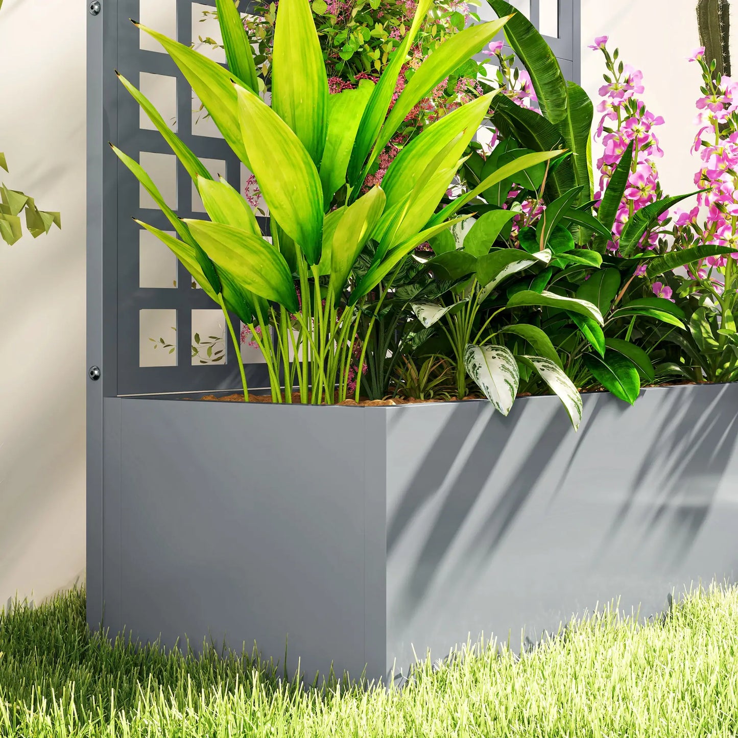 Galvanized Raised Garden Bed Planter Box With Trellis, 43"x16"x70", Grey Wood Effect, Grey