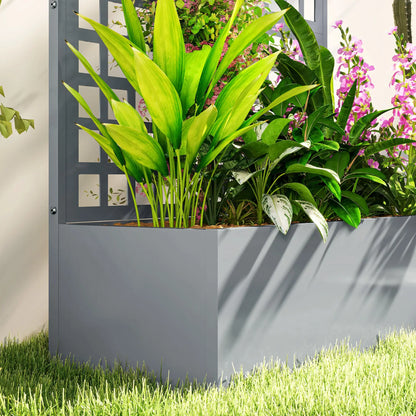 Galvanized Raised Garden Bed Planter Box With Trellis, 43"x16"x70", Grey Wood Effect, Grey