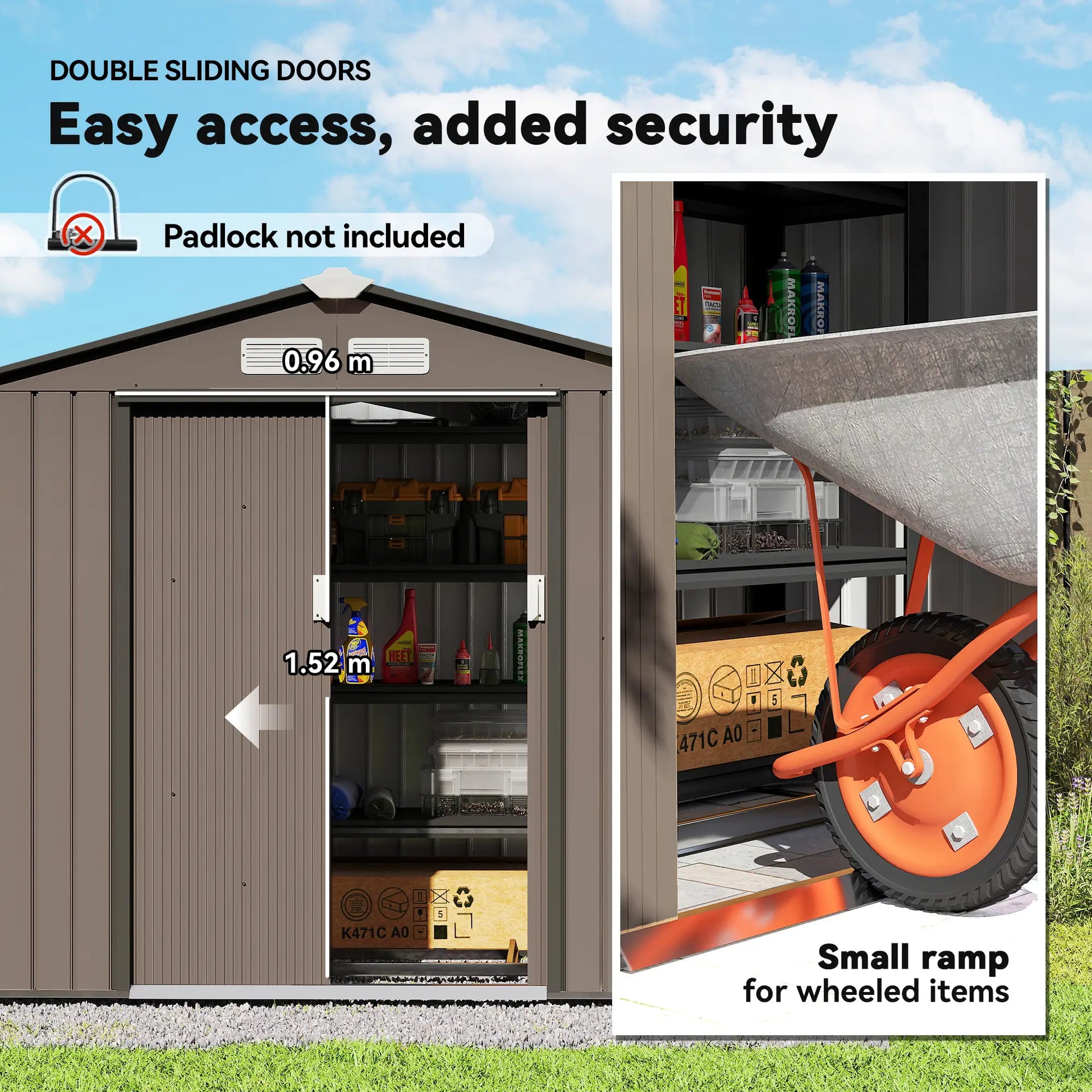 7' x 4' x 6' Garden Storage Shed, Metal, Double Doors, Brown Sheds at Gallery Canada