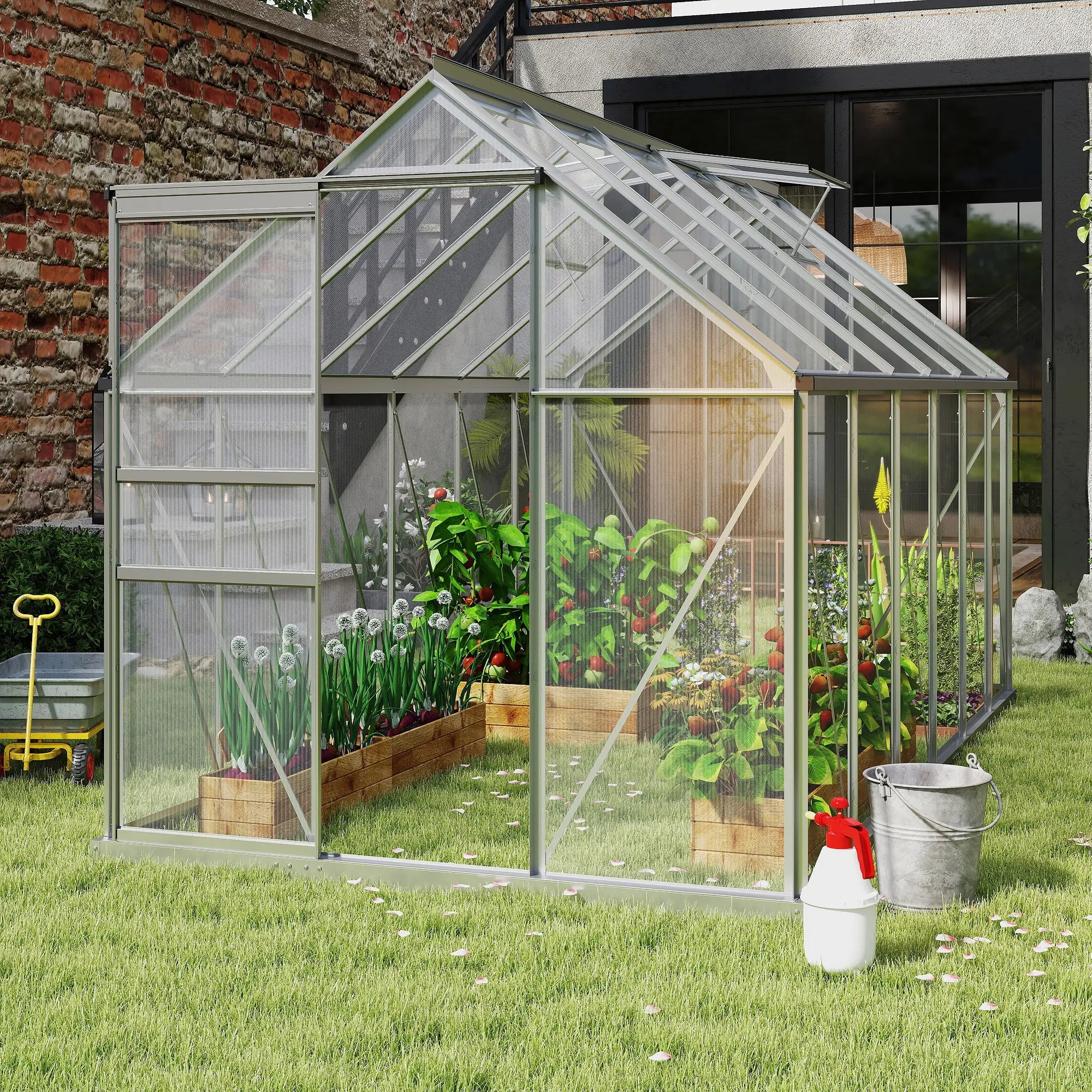 6' x 12' x 6.5' Walk-in Greenhouse, Polycarbonate, Adjustable Roof Vent, Sliding Door, Clear Walk In Greenhouses at Gallery Canada