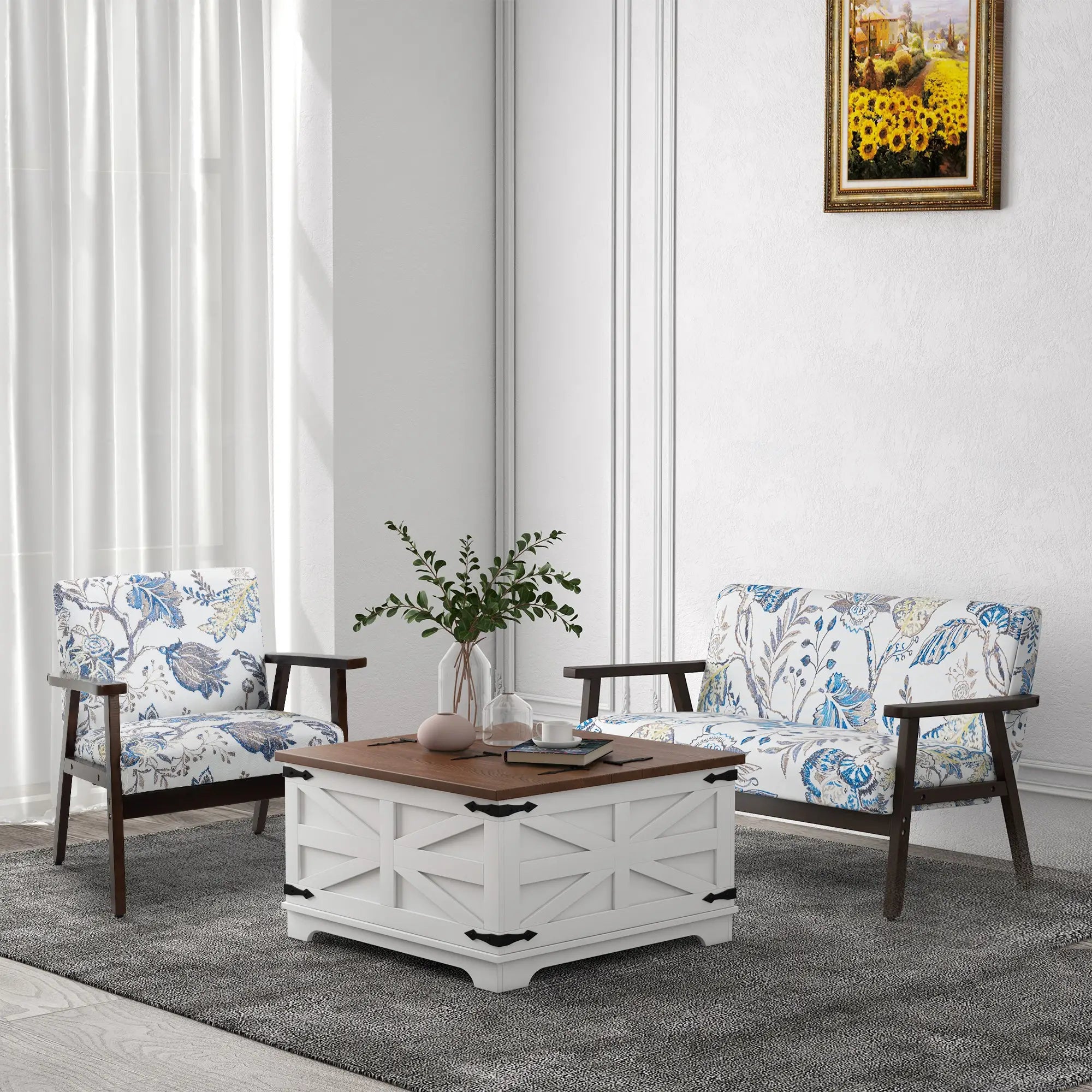 Farmhouse Coffee Table, Square Flip-Top Lid, Hidden Storage, White Coffee Tables at Gallery Canada