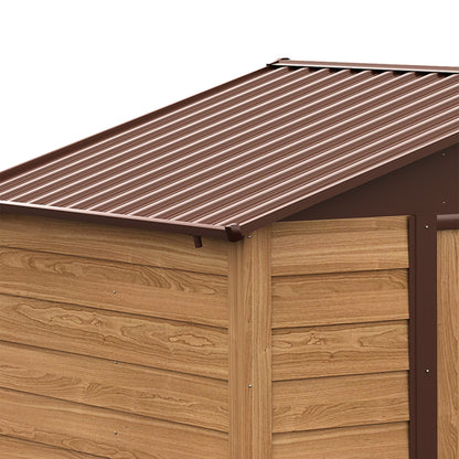 6.4' x 7.7' Outdoor Metal Garden Shed House Hut Gardening Tool Storage with Ventilation, Brown with Wood Grain - Gallery Canada
