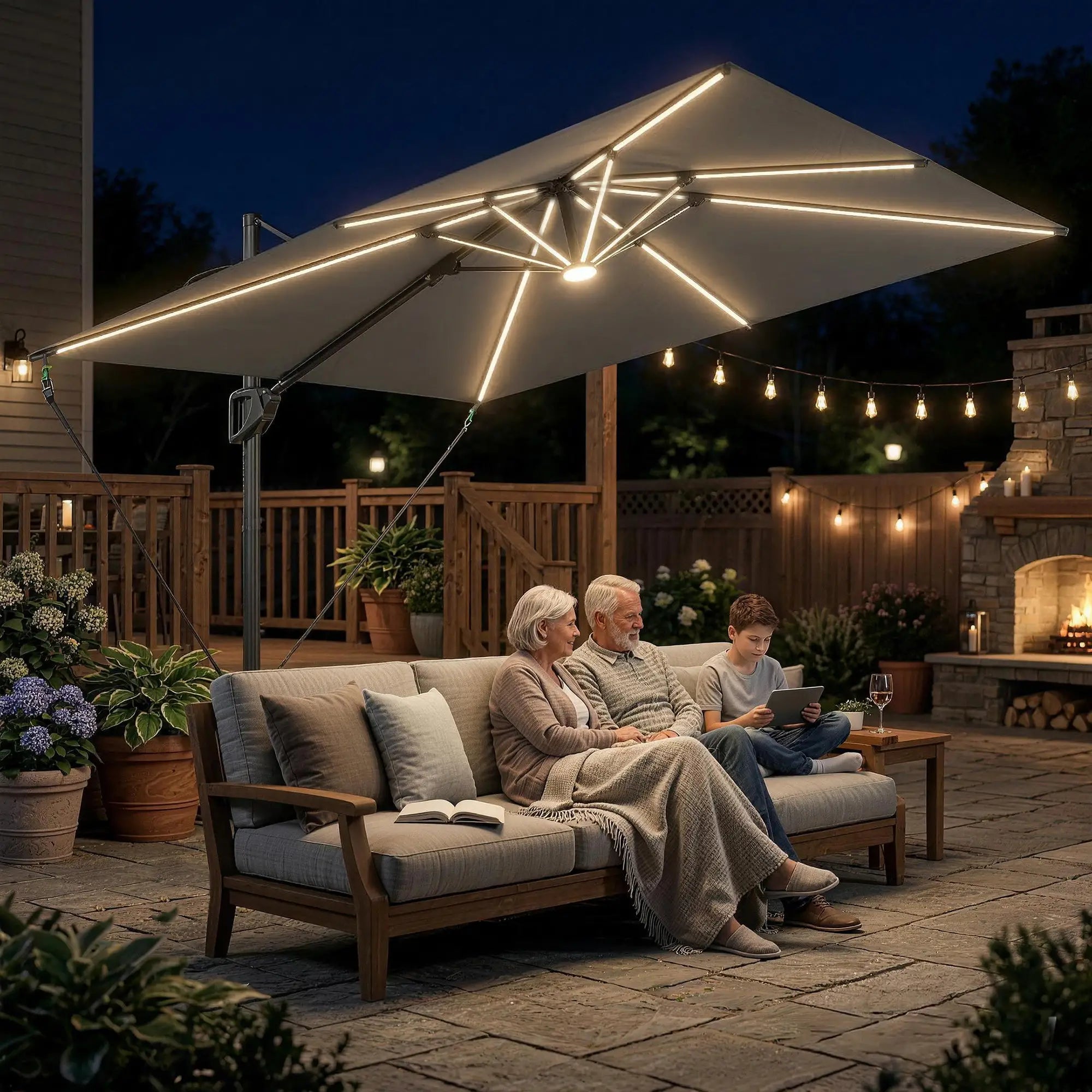 10 x 9.7 Ft Offset Cantilever Patio Umbrella With Lights, Dark Grey Offset Cantilever Umbrellas at Gallery Canada