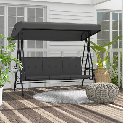 3-Seat Outdoor Swing With Adjustable Canopy, Side Tray, Removable Cushion, Grey