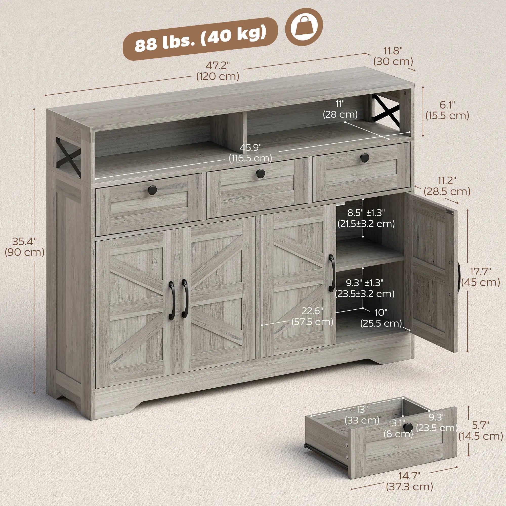 Grey Sideboard, Buffet Cabinet With 4 Barn Doors, 3 Drawers, Grey Bar Cabinets at Gallery Canada