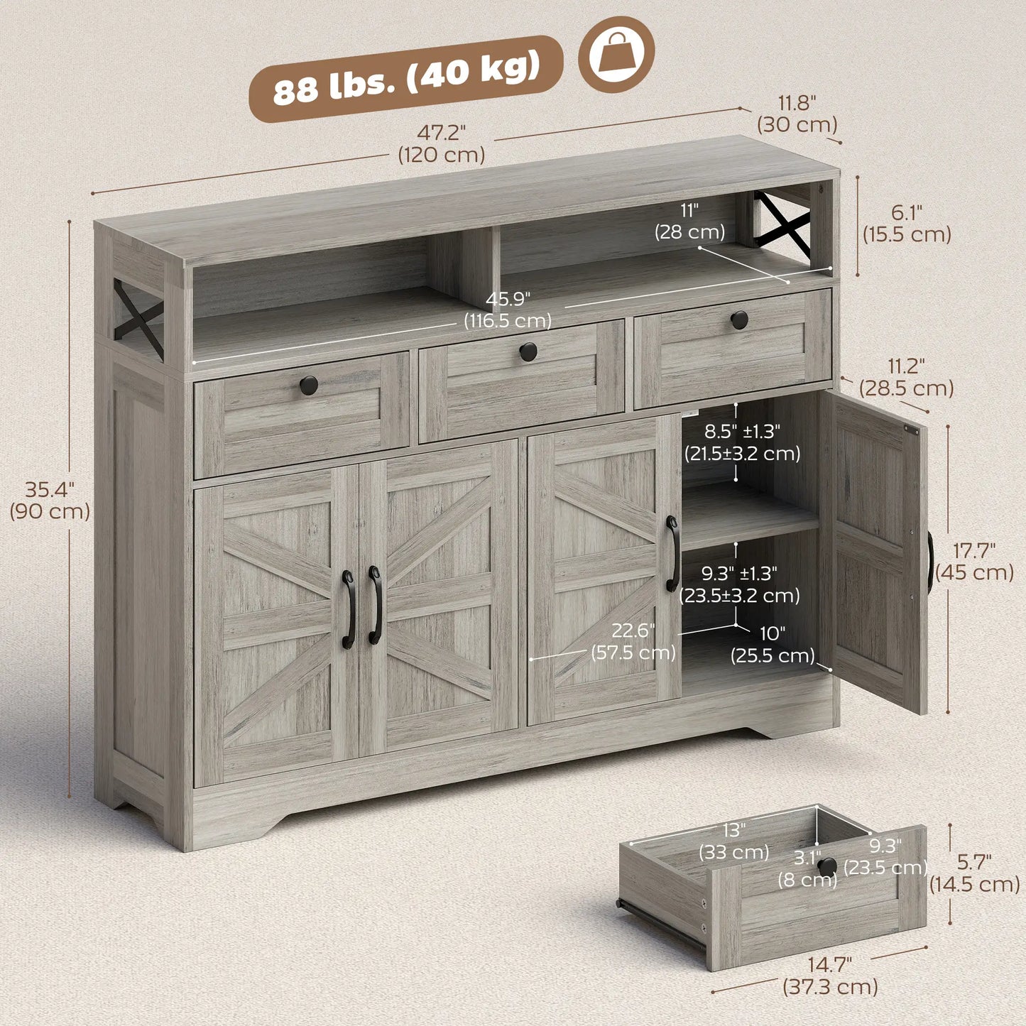 Grey Sideboard, Buffet Cabinet With 4 Barn Doors, 3 Drawers, Grey Bar Cabinets at Gallery Canada