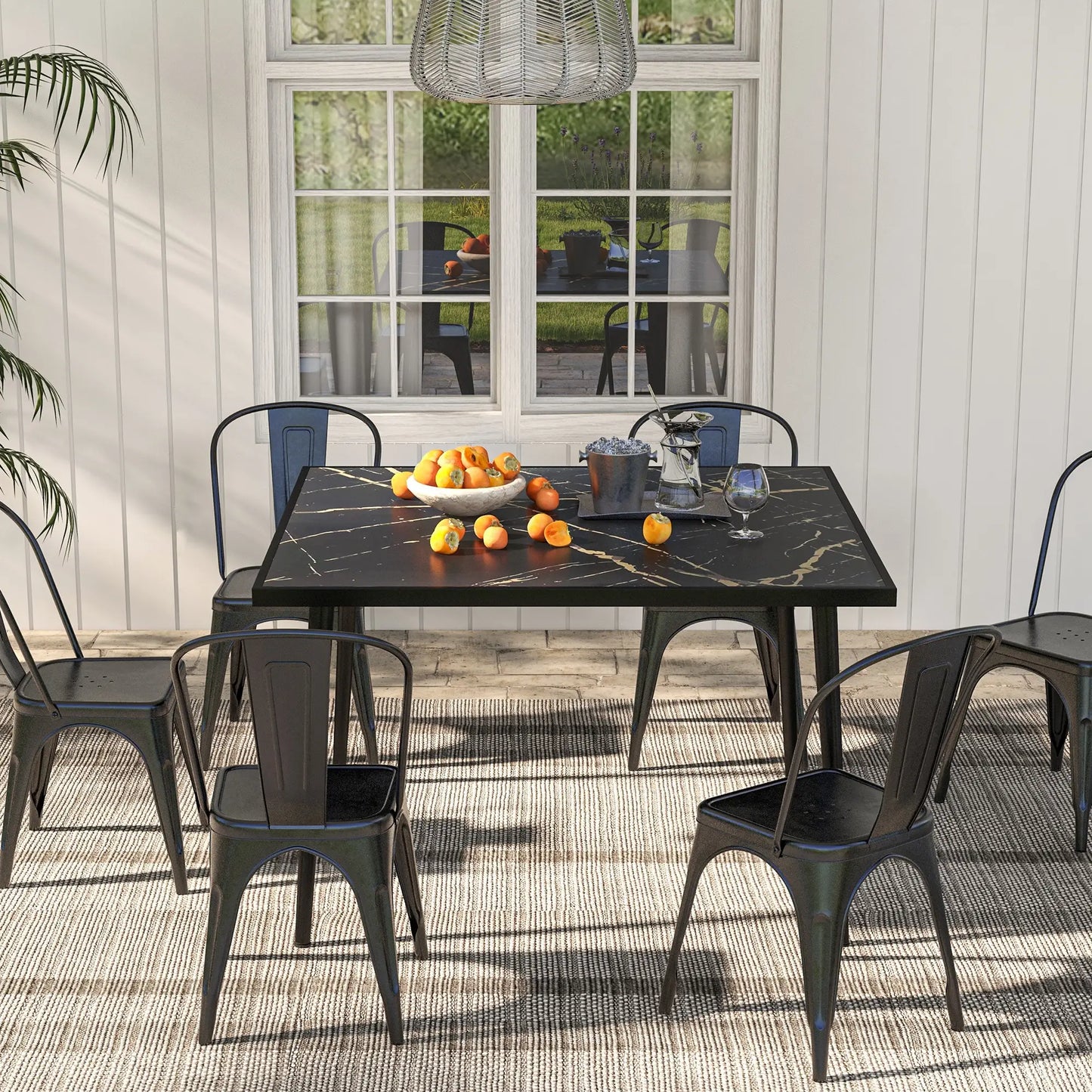 Square Patio Dining Table for 4, Marble Effect Glass Top, Steel Frame, Black Patio Dinning Tables at Gallery Canada